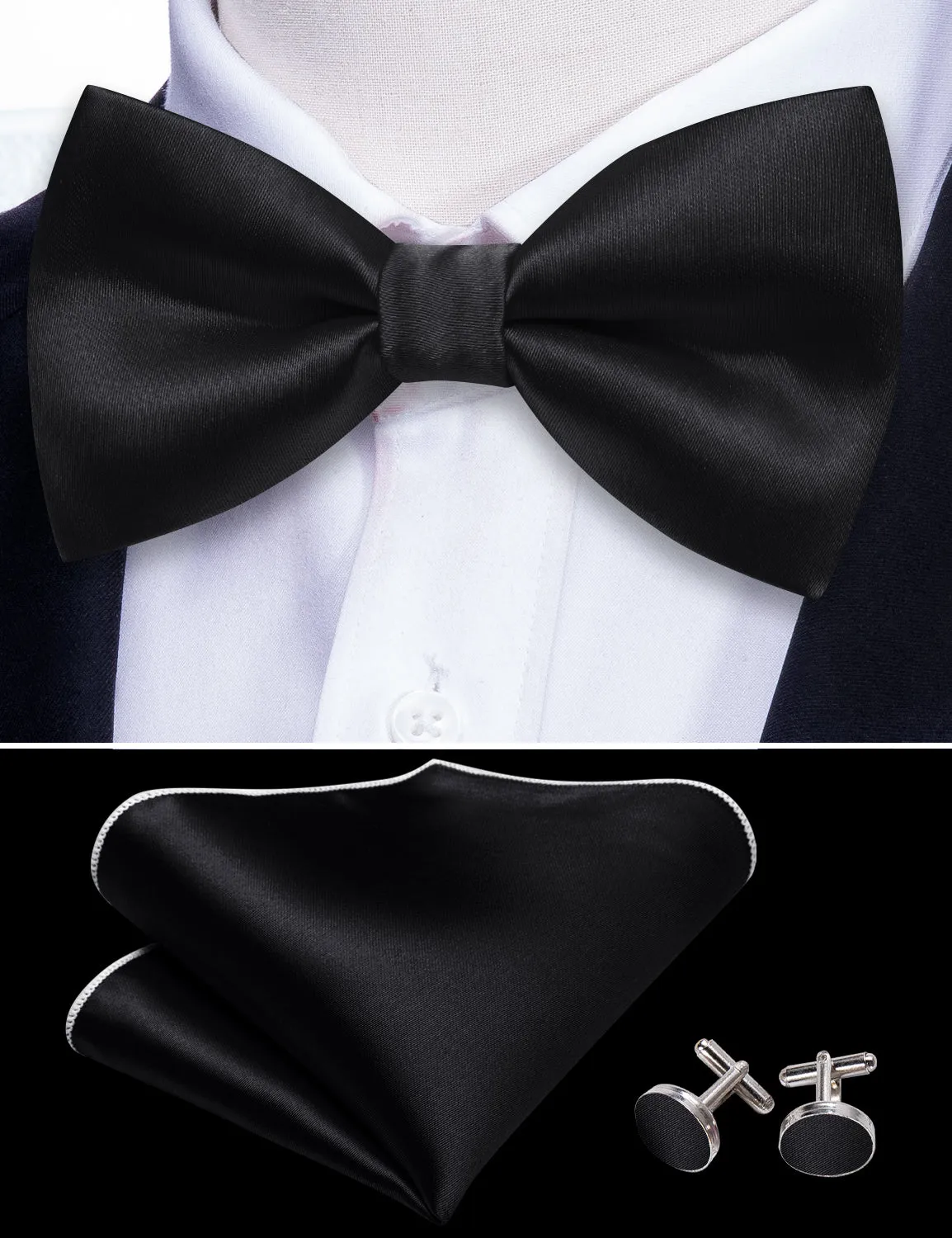 Barry. Wang Solid Black Bowtie Set for Men Adjustable Silk Pre-tied Bow Tie for Wedding Business sold by Barrywang