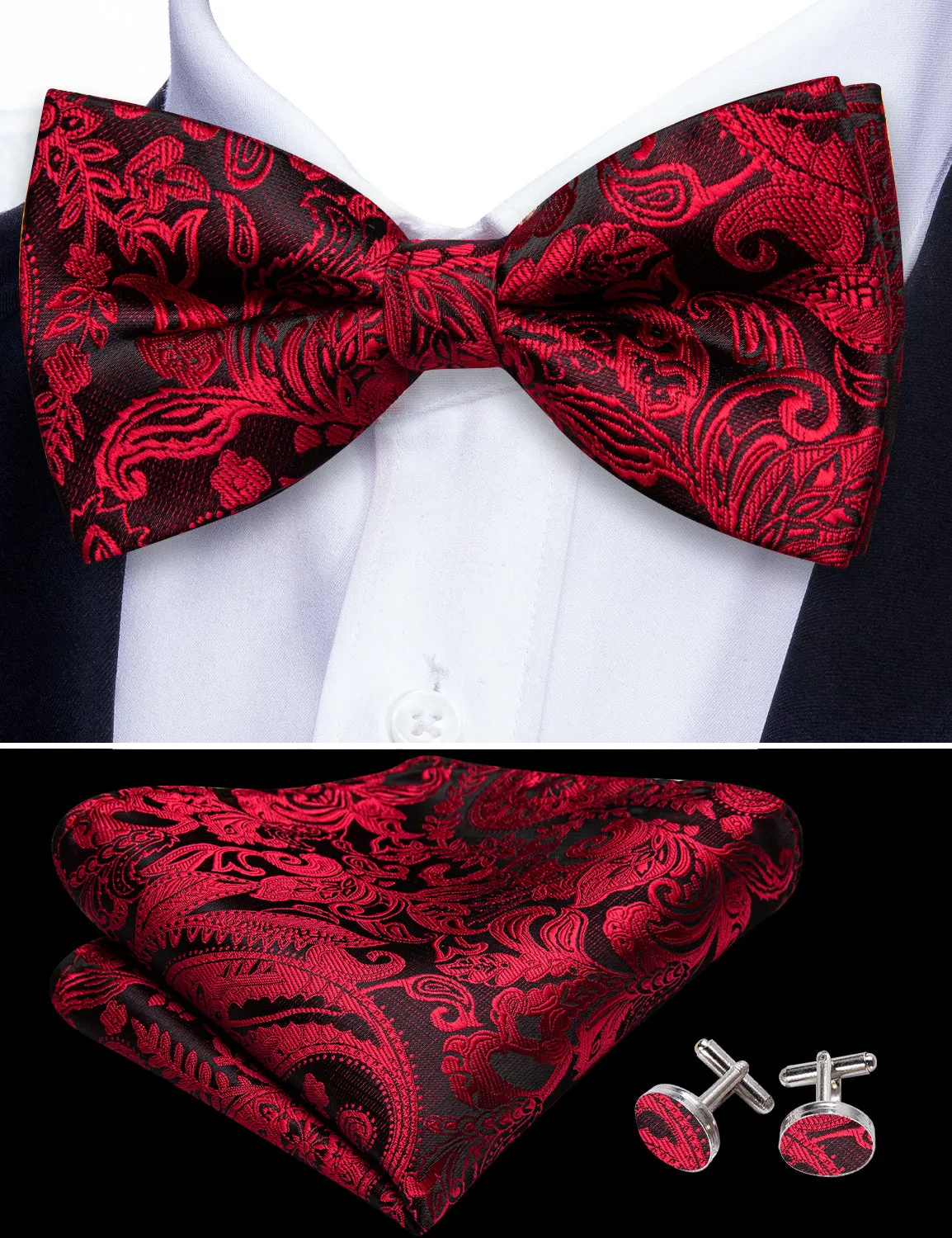 Barry. Wang Paisley Red Bow Tie for Men Adjustable Pre-tied Wedding Party Bowtie Hanky Cufflinks Set sold by Barrywang