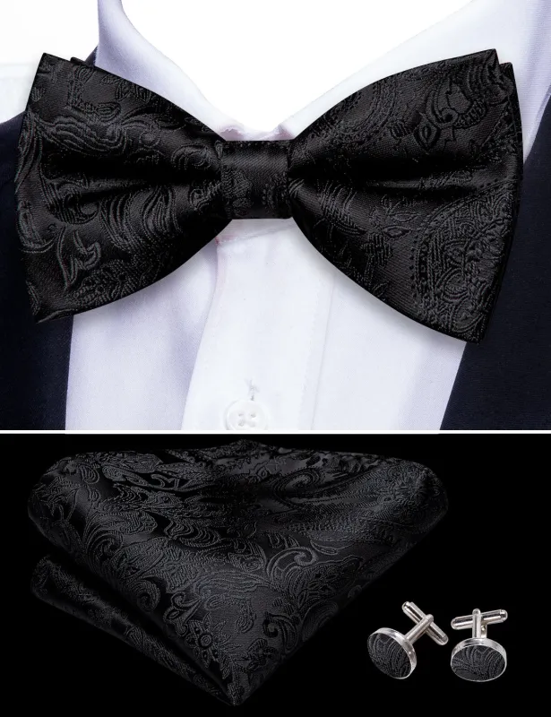 Barry. Wang Solid Black Bow Tie Hanky Cufflinks Set for Men Silk Pre-tied Bowtie for Wedding Party sold by Barrywang