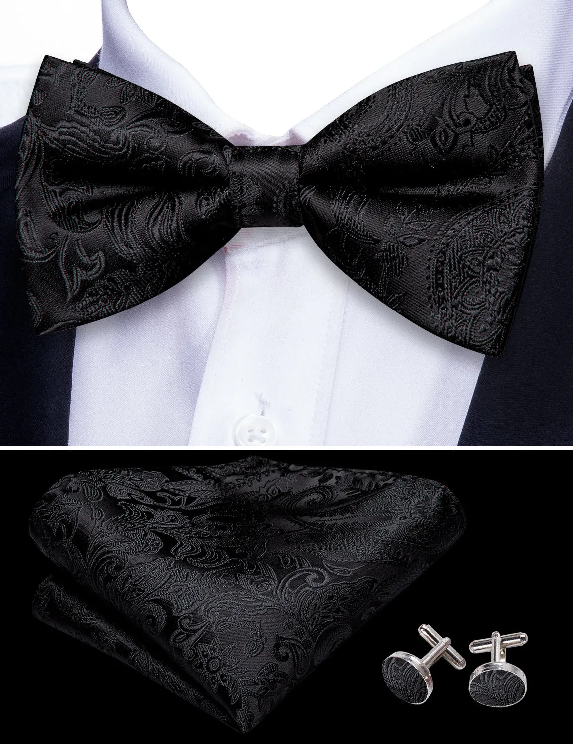 Barry. Wang Solid Black Bow Tie Hanky Cufflinks Set for Men Silk Pre-tied Bowtie for Wedding Party sold by Barrywang