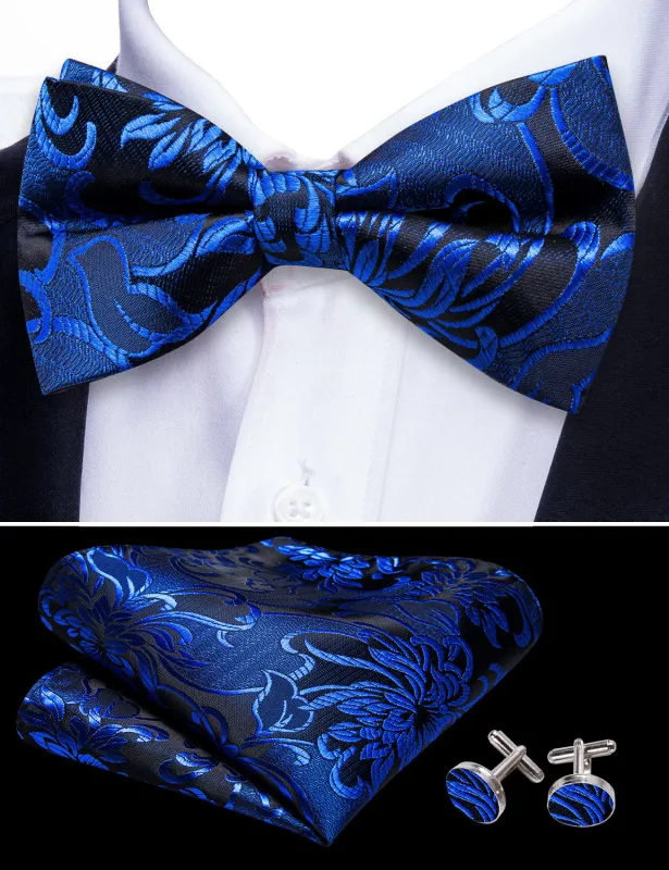 Barry. Wang Royal Blue Bow Tie Hanky Cufflinks Set Adjustable Jacquard Paisley Pre-tied Bowtie for Wedding sold by Barrywang