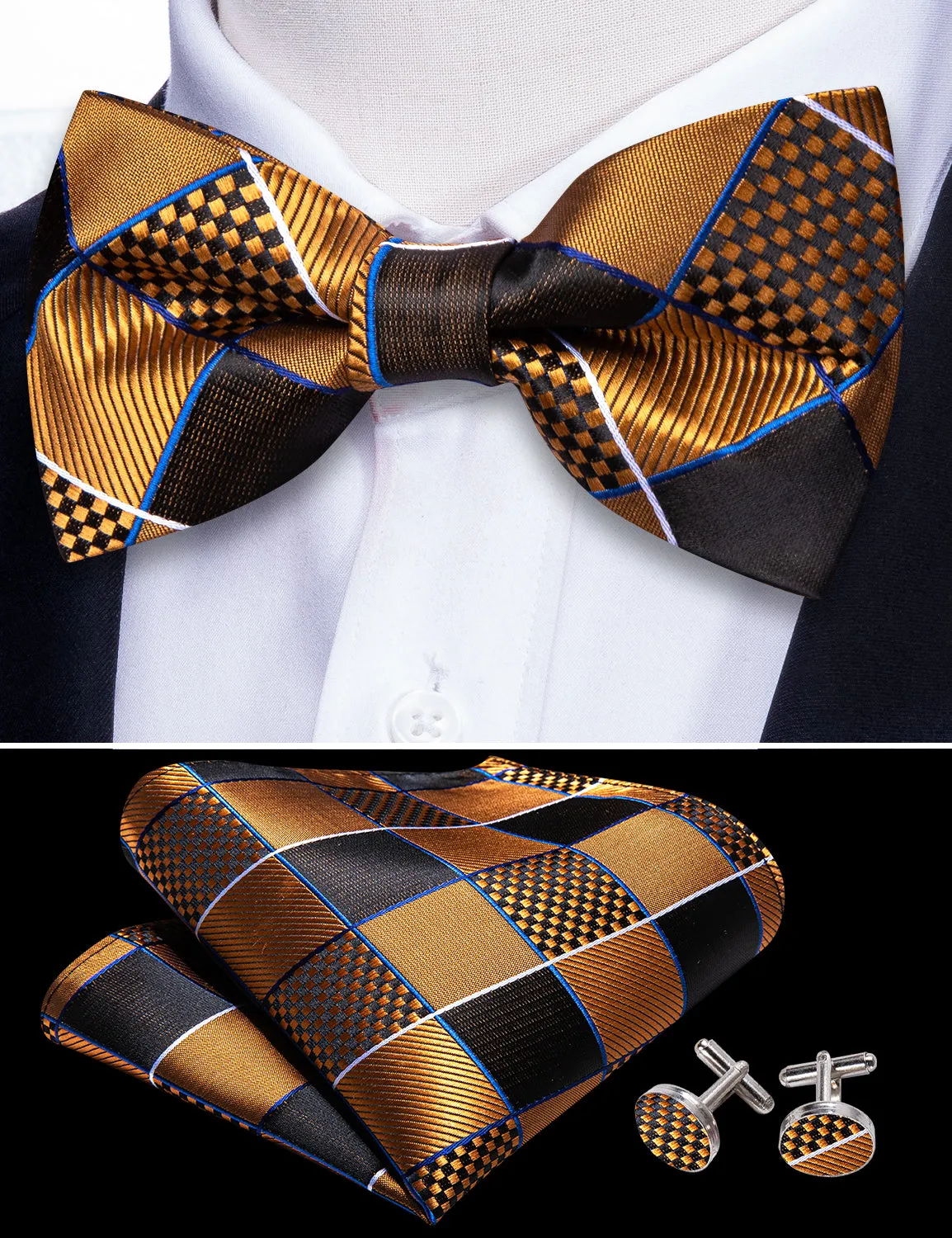 Barry. Wang Marigold Bowtie Set for Men Silk Plaid Bow Tie Pocket Square Cufflinks Set for Party Wedding sold by Barrywang