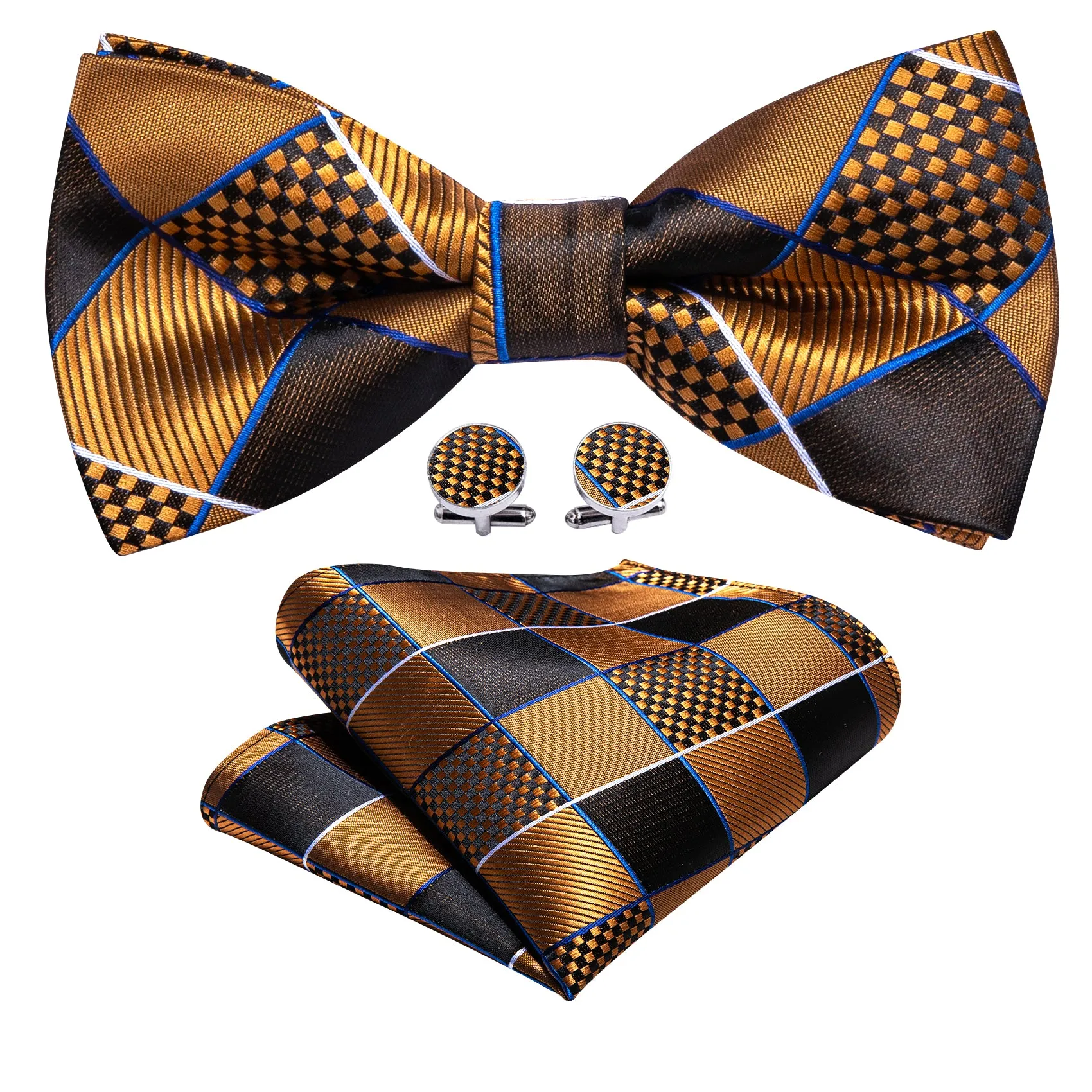 Barry. Wang Marigold Bowtie Set for Men Silk Plaid Bow Tie Pocket Square Cufflinks Set for Party Wedding sold by Barrywang product image thumbnail 2