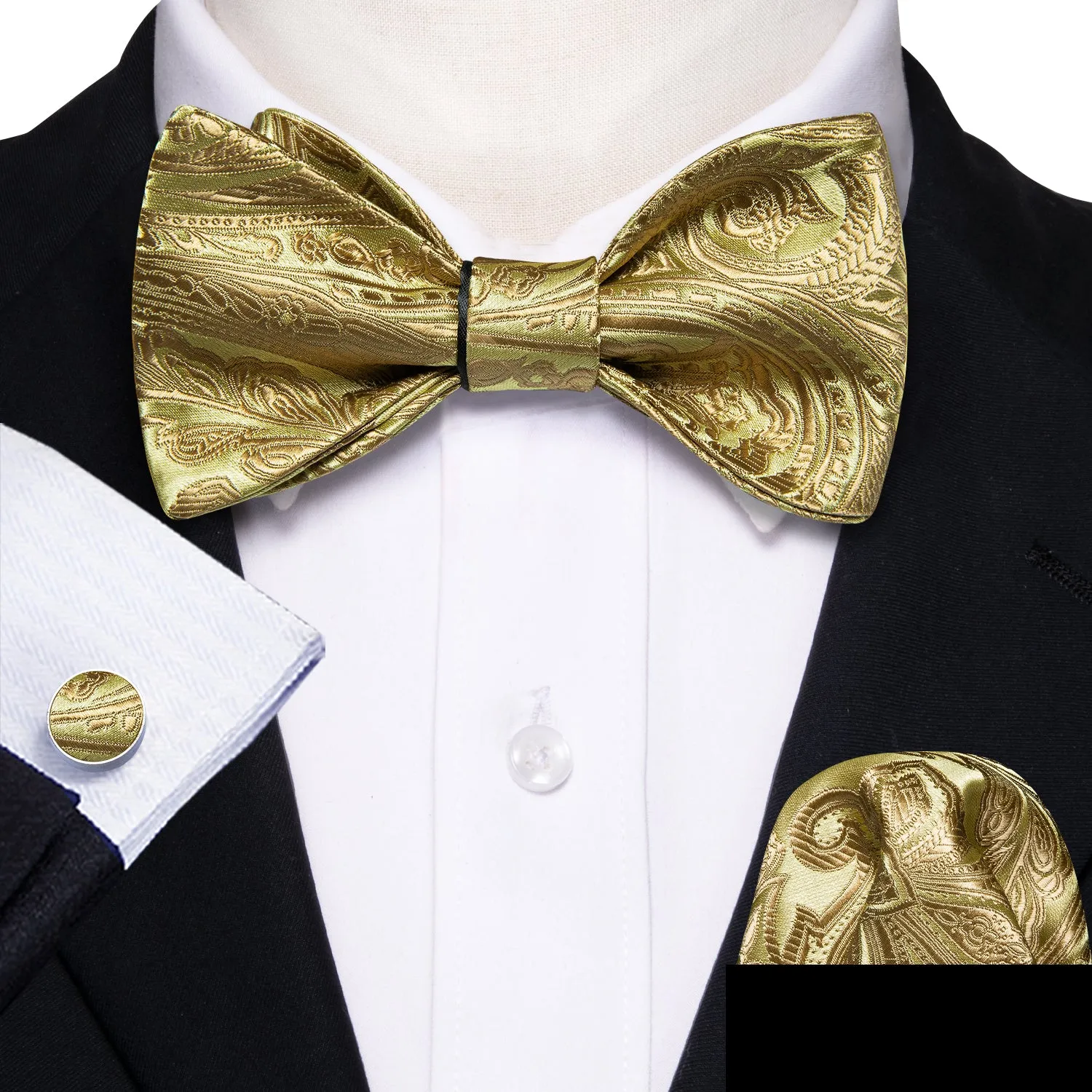 Barry. Wang Gold Bow Tie Set Adjustable Silk Jacquard Men's Wedding Bowtie Hanky Cufflinks Set sold by Barrywang product image thumbnail 4