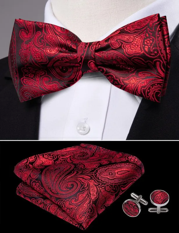 Barry. Wang Burgundy Bow Tie Hanky Cufflinks Set Adjustable Men's Paisley Pre-tied Formal Bow Tie sold by Barrywang