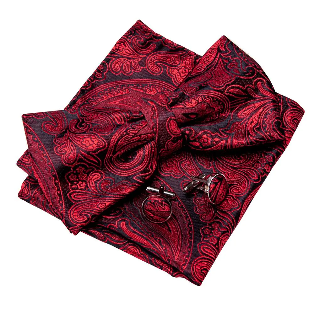 Barry. Wang Burgundy Bow Tie Hanky Cufflinks Set Adjustable Men's Paisley Pre-tied Formal Bow Tie sold by Barrywang product image thumbnail 2