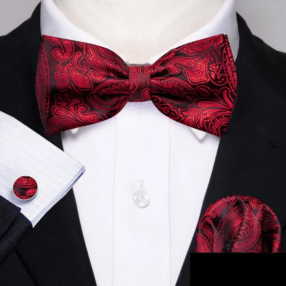 Barry. Wang Burgundy Bow Tie Hanky Cufflinks Set Adjustable Men's Paisley Pre-tied Formal Bow Tie sold by Barrywang product image thumbnail 3