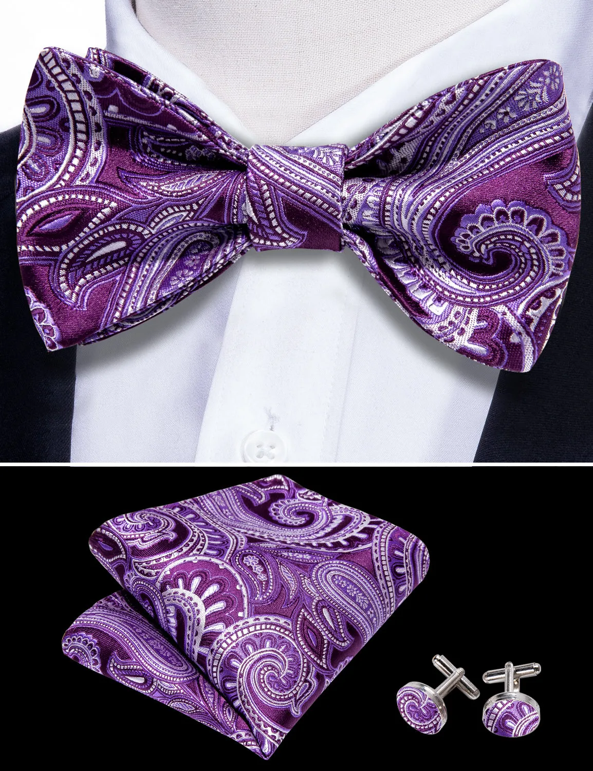Barry. Wang Wisteria Purple Bowtie Set for Men Silk Paisley Wedding Party Bow Tie Hanky Cufflinks Set sold by Barrywang