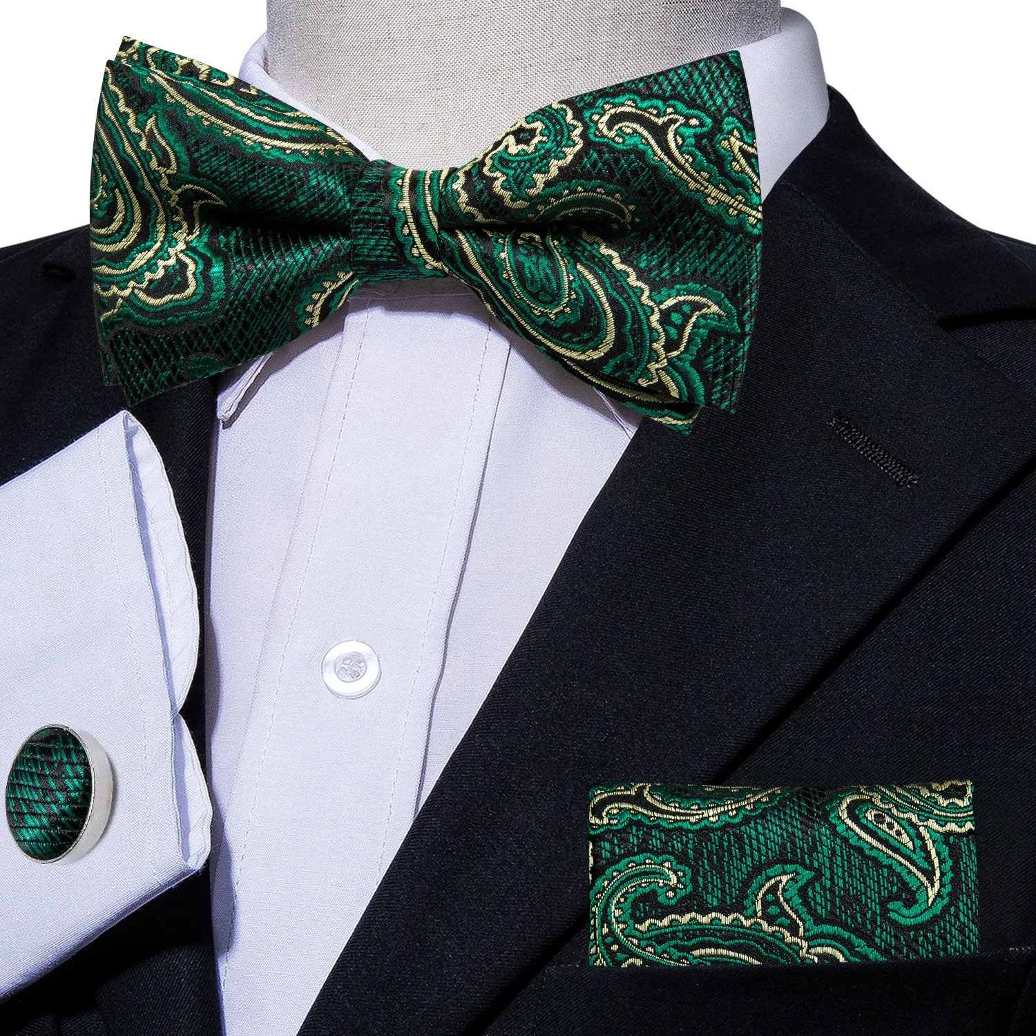 Barry. Wang Hunter Green Bow Tie for Wedding Adjustable Men's Paisley Bowtie Pocket Square Cufflinks Set sold by Barrywang product image thumbnail 3