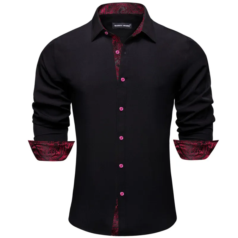Barry. Wang Black Burgundy Splicing Shirt  Long Sleeve Button Down Casual Shirt sold by Barrywang