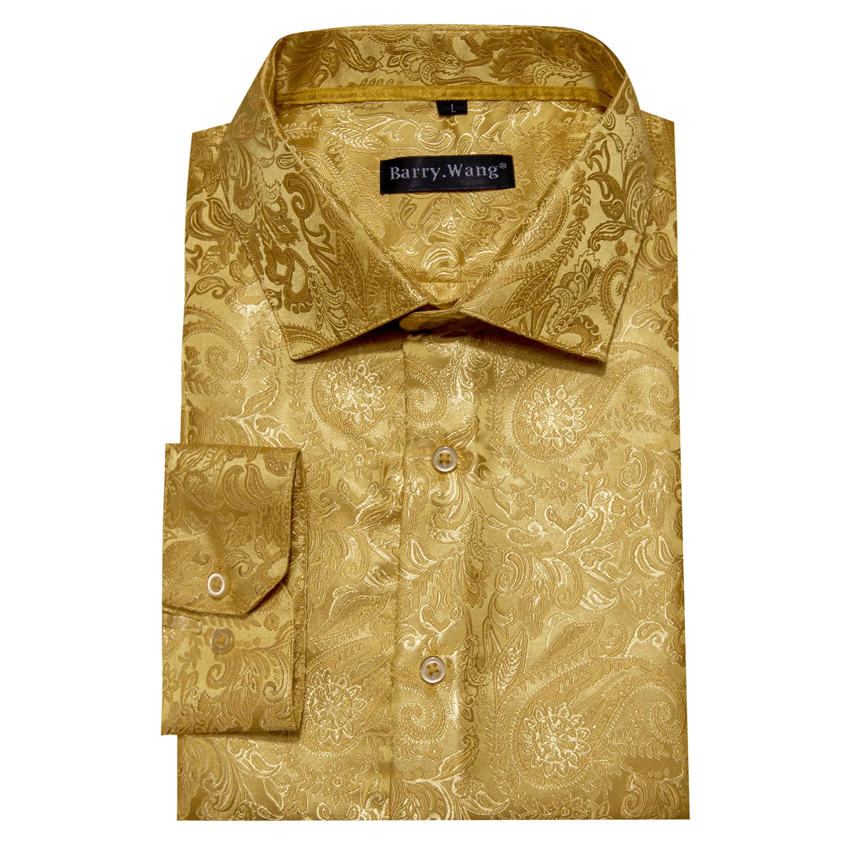Barry. Wang Mens Shirt Gold Jacquard Paisley Silk Long Sleeve Shirt sold by Barrywang product image thumbnail 4