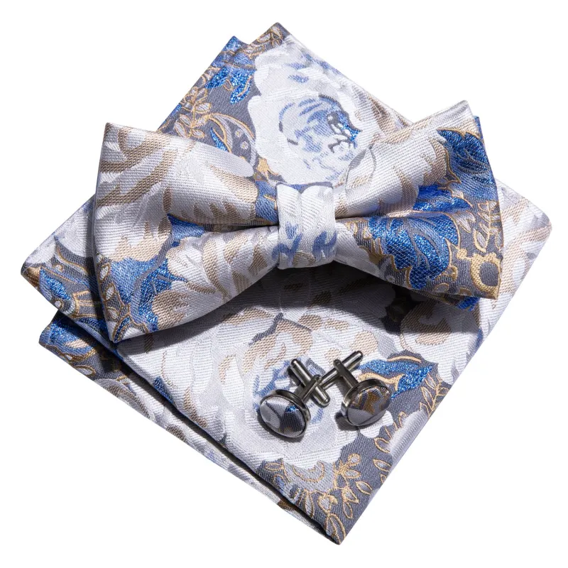 Barry. Wang White Floral Bowtie Men's Pre-tied Formal Bowtie Pocket Square Cufflinks Set for Wedding sold by Barrywang