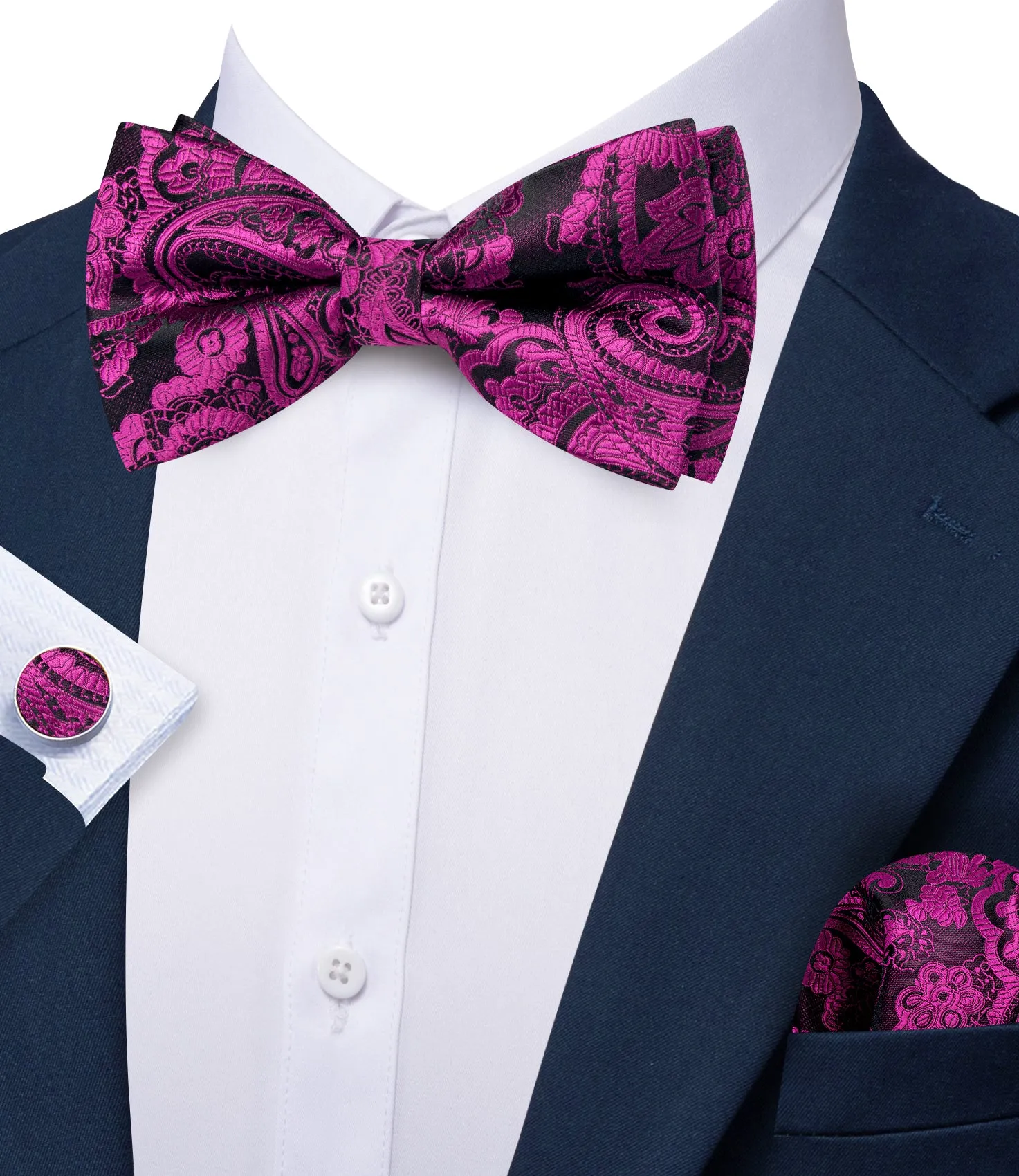 Barry. Wang Fuchsia Pink Bow Tie Hanky Cufflinks Set Paisley Pre-tied Jacquard Bow Tie for Wedding sold by Barrywang product image thumbnail 3
