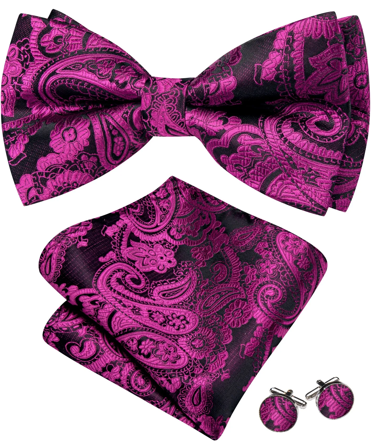 Barry. Wang Fuchsia Pink Bow Tie Hanky Cufflinks Set Paisley Pre-tied Jacquard Bow Tie for Wedding sold by Barrywang product image thumbnail 4