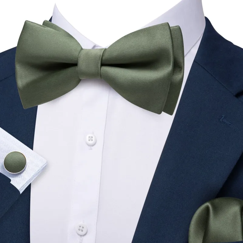 Barry. Wang Olive Solid Bow Tie Hanky Cufflinks Set Pre-Tied Silk Satin Tuxedo Formal Bow Tie sold by Barrywang