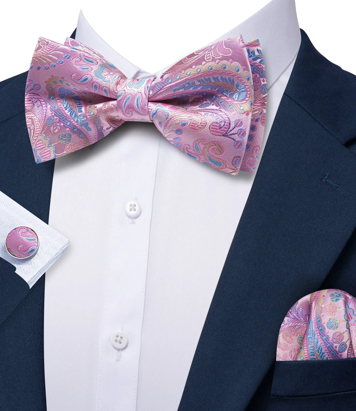 Barry. Wang Rose Pink Bow Tie for Men Paisley Pre-tied Silk Wedding Bowtie Hanky Cufflinks Set sold by Barrywang product image thumbnail 2