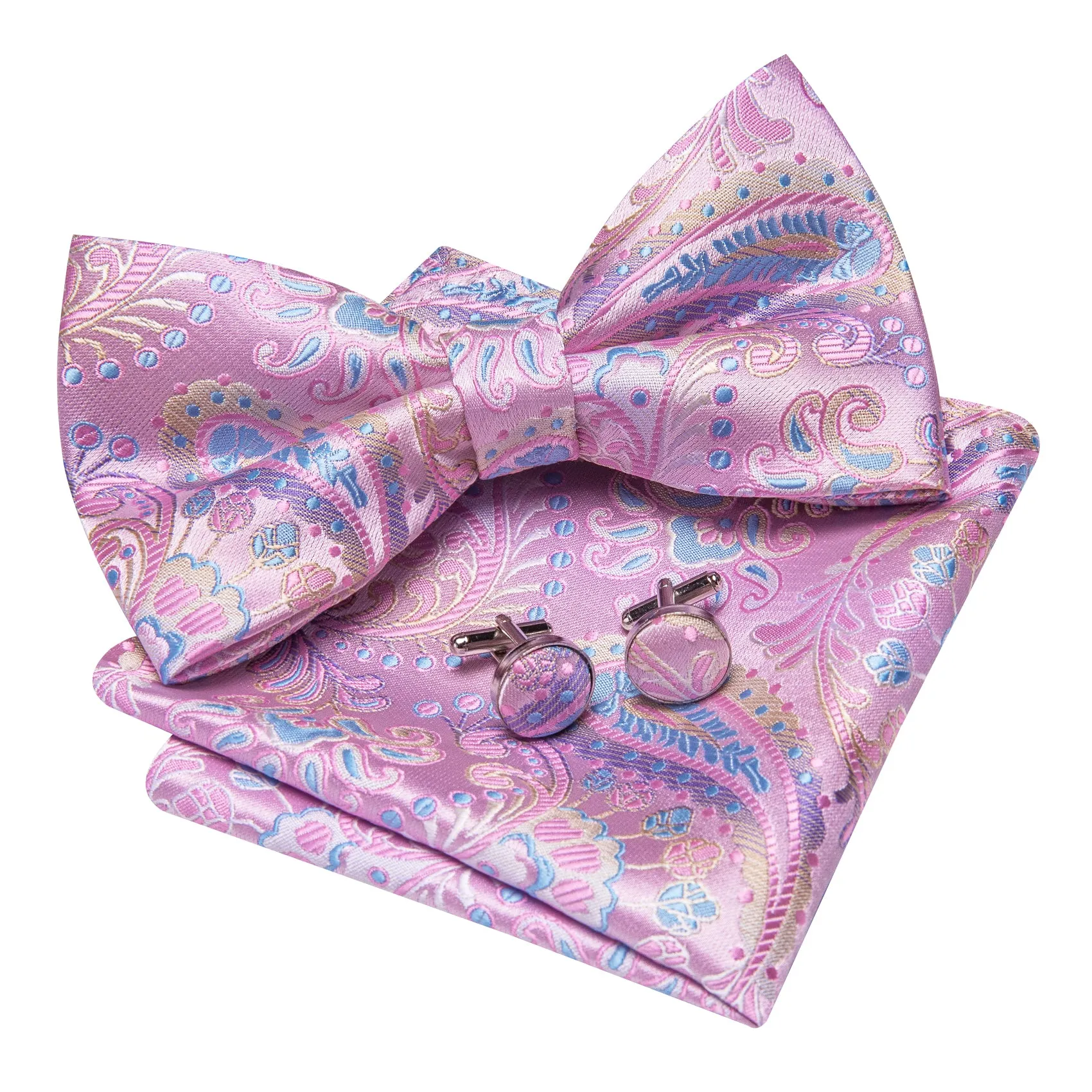 Barry. Wang Rose Pink Bow Tie for Men Paisley Pre-tied Silk Wedding Bowtie Hanky Cufflinks Set sold by Barrywang product image thumbnail 4