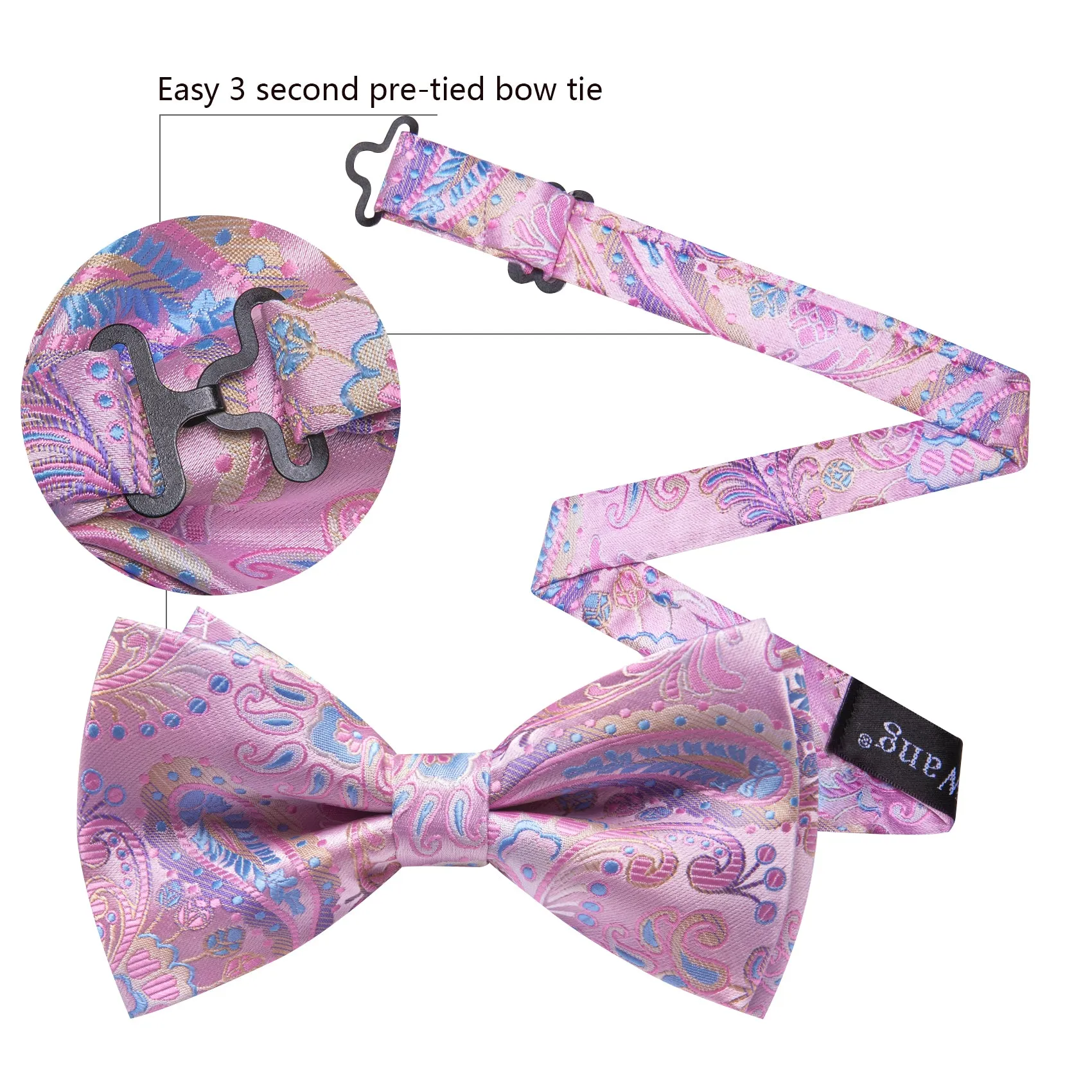 Barry. Wang Rose Pink Bow Tie for Men Paisley Pre-tied Silk Wedding Bowtie Hanky Cufflinks Set sold by Barrywang product image thumbnail 5