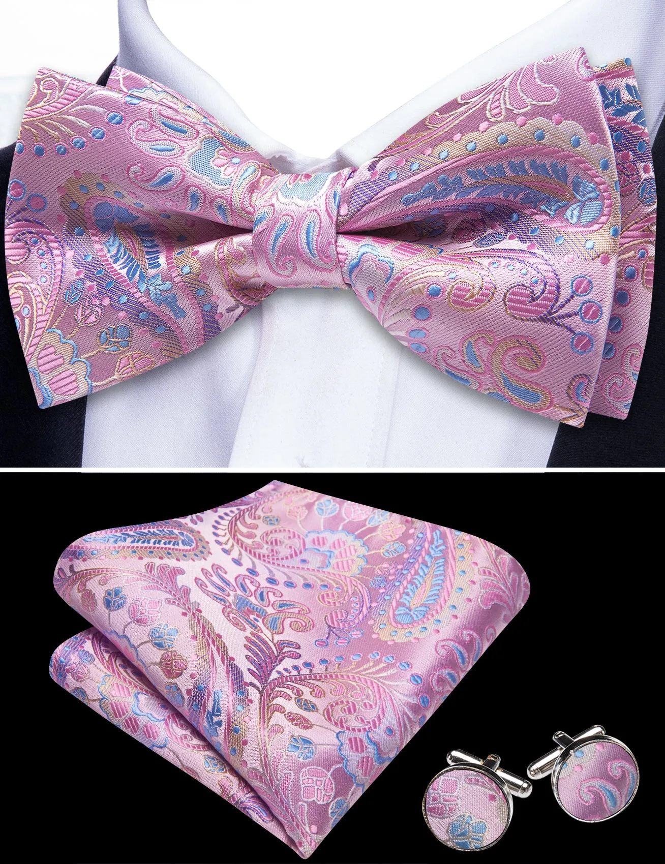 Barry. Wang Rose Pink Bow Tie for Men Paisley Pre-tied Silk Wedding Bowtie Hanky Cufflinks Set sold by Barrywang