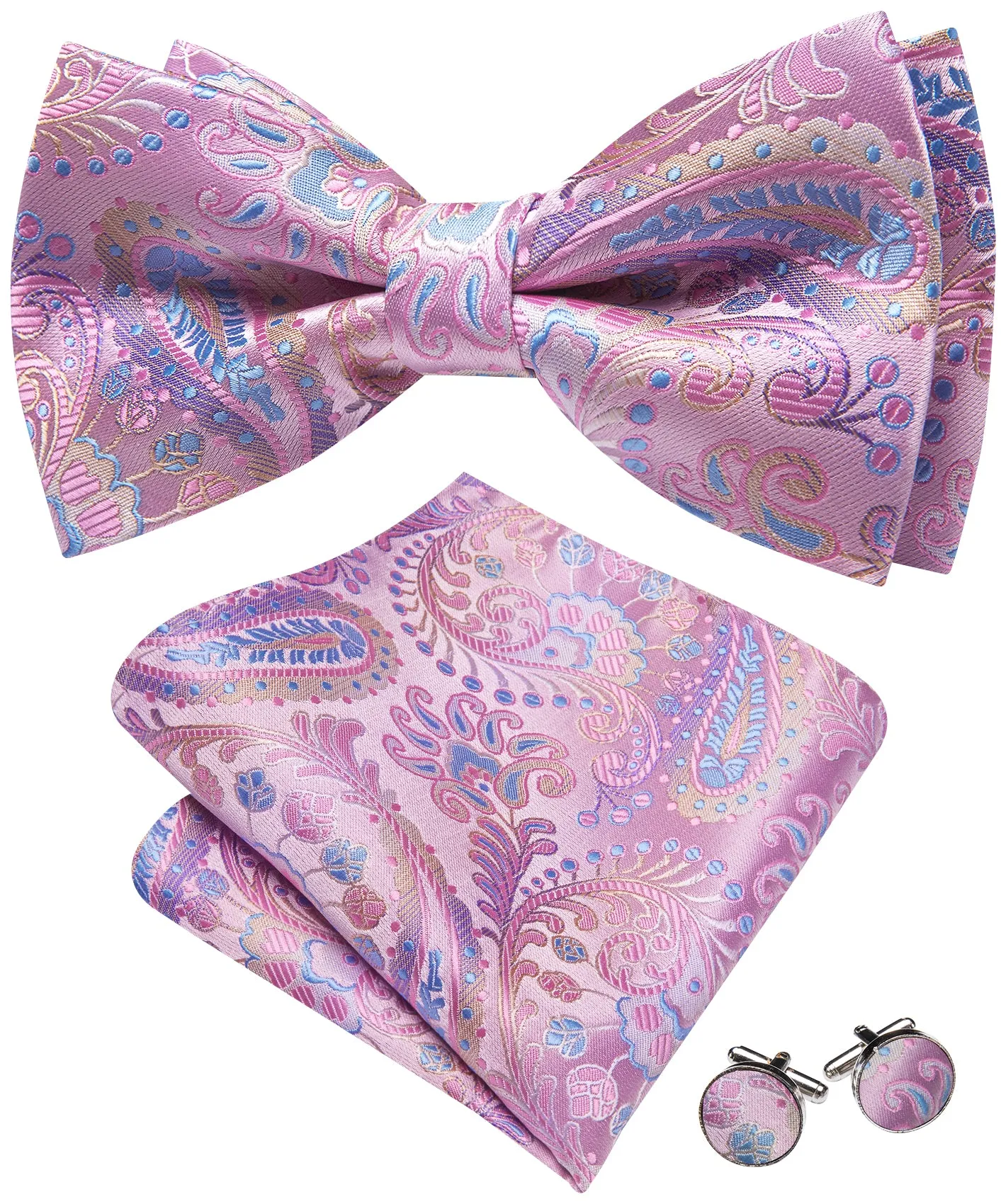 Barry. Wang Rose Pink Bow Tie for Men Paisley Pre-tied Silk Wedding Bowtie Hanky Cufflinks Set sold by Barrywang product image thumbnail 3
