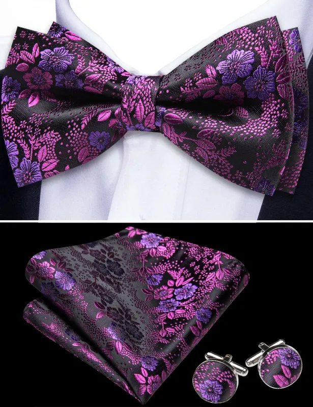 Barry. Wang Wisteria Purple Bowtie for Men Silk Pre-Tied Floral Wedding Bowtie Hanky Cufflinks Set sold by Barrywang