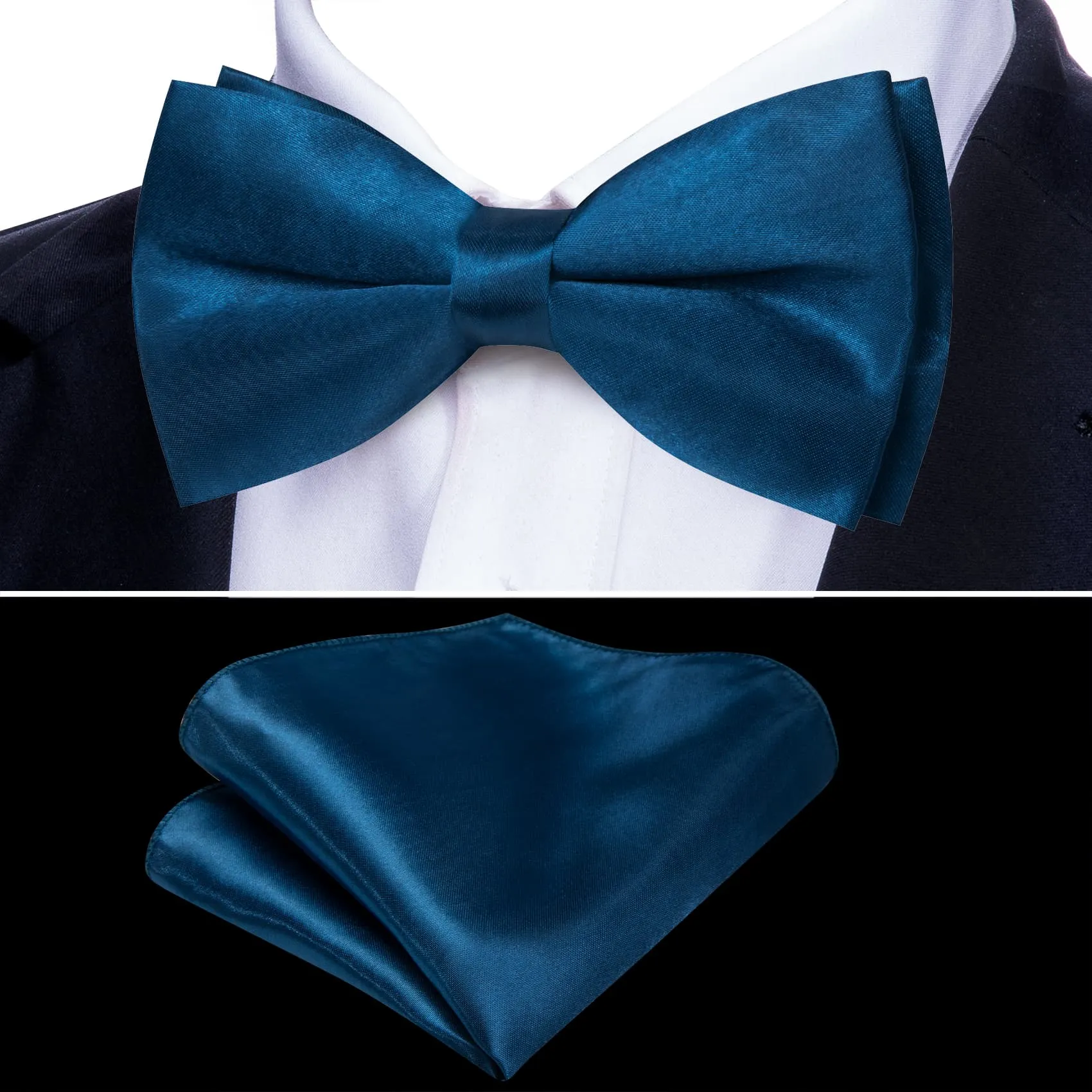 Barry. Wang Deep Teal Bow Tie Set for Wedding Solid Pre-tied Silk Bow Tie Pocket Square Cufflinks Set sold by Barrywang