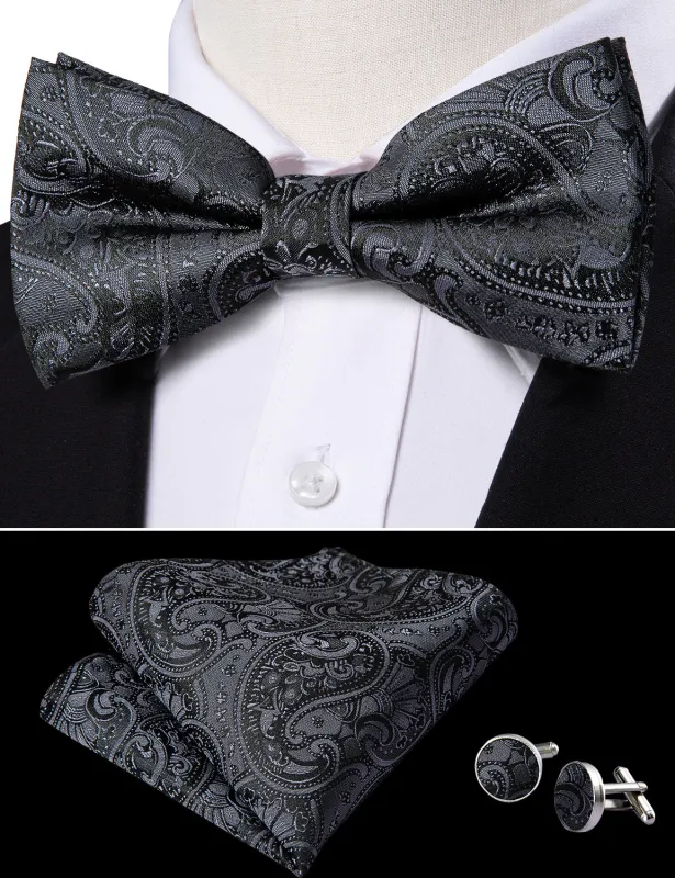 Barry. Wang Black Paisley Bow Tie Pre-tied Adjustable Jacquard Bowtie for Wedding Pocket Square Cufflinks Set sold by Barrywang