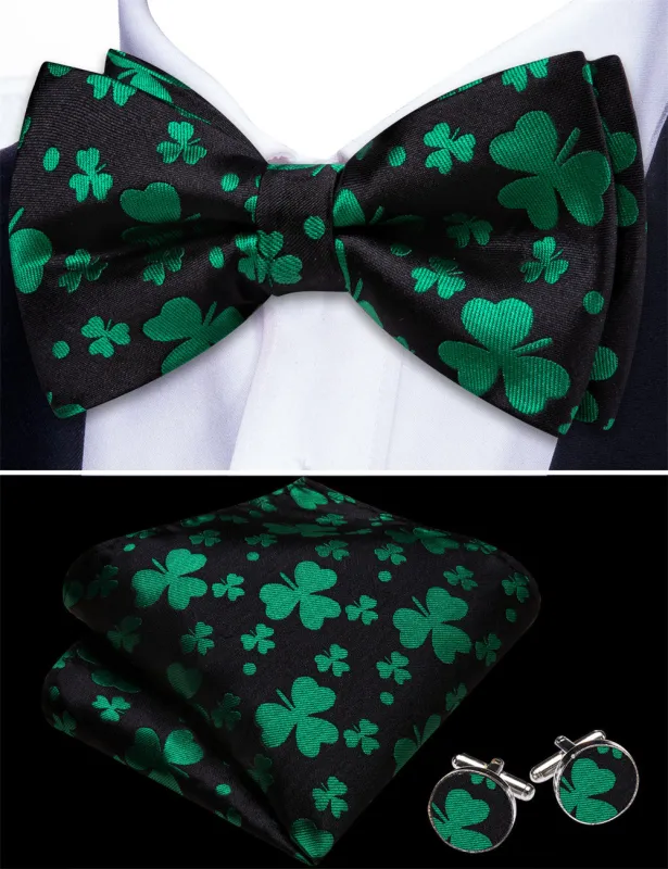 Barry. Wang Black Green Bowtie Silk Adjustable Pre-Tied Men's Tuxedo Bow Tie Pocket Square Cufflinks Set made by Barrywang