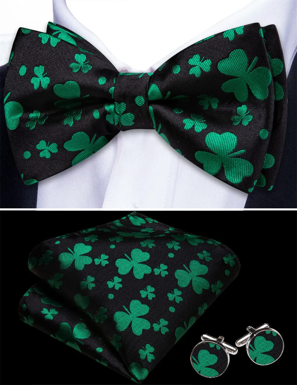 Barry. Wang Black Green Bowtie Silk Adjustable Pre-Tied Men's Tuxedo Bow Tie Pocket Square Cufflinks Set sold by Barrywang