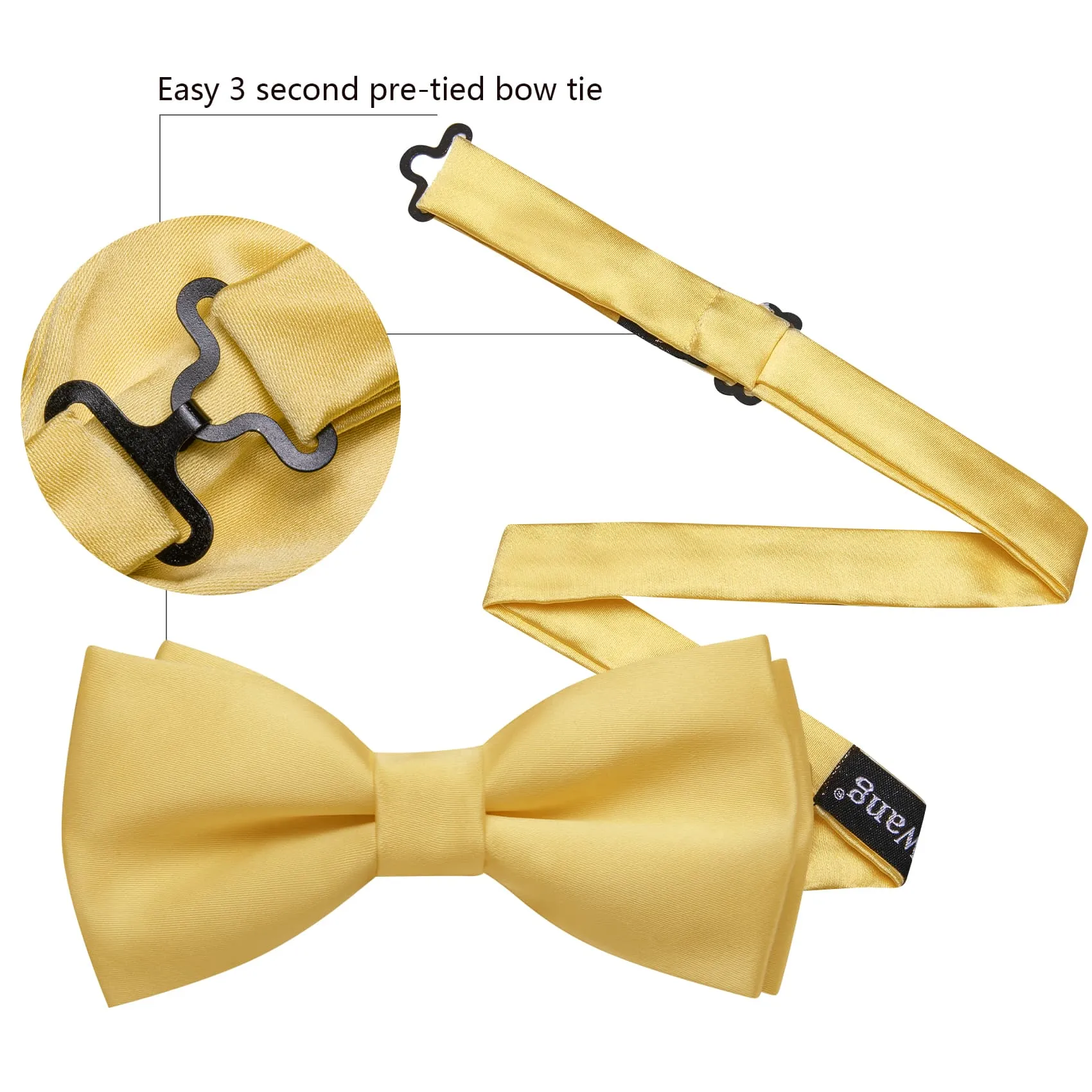 Barry. Wang Solid Yellow Bow Tie Adjustable Pre-Tied Bow Tie Pocket Square Cufflinks Set for Wedding Party sold by Barrywang product image thumbnail 2