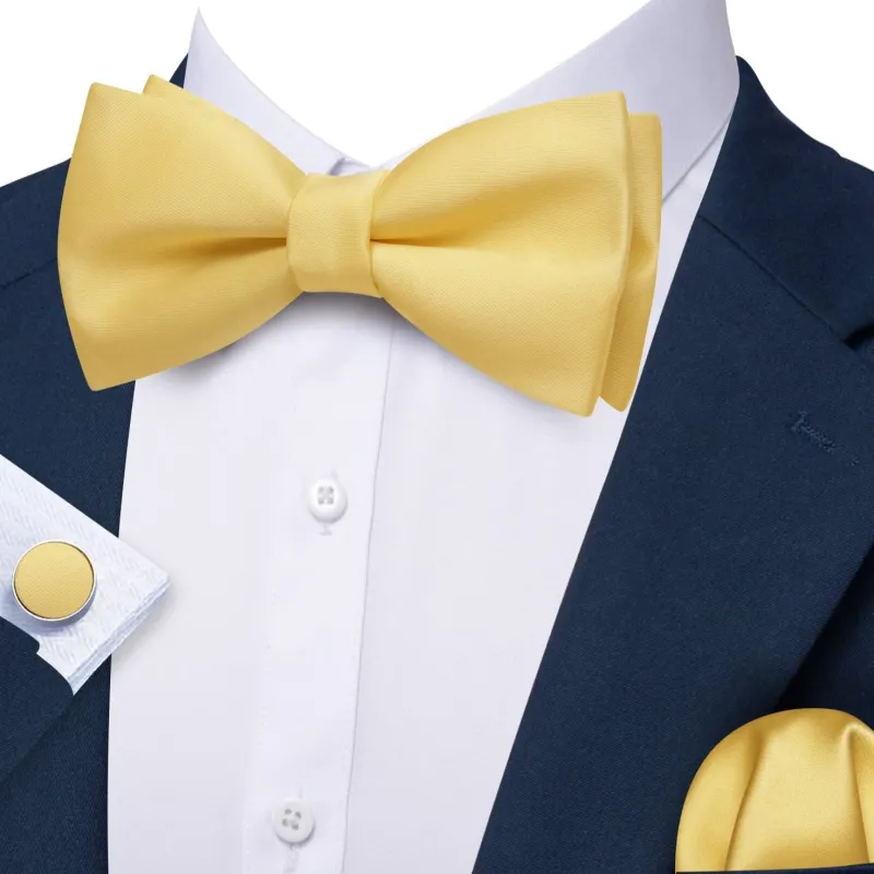 Barry. Wang Solid Yellow Bow Tie Adjustable Pre-Tied Bow Tie Pocket Square Cufflinks Set for Wedding Party sold by Barrywang