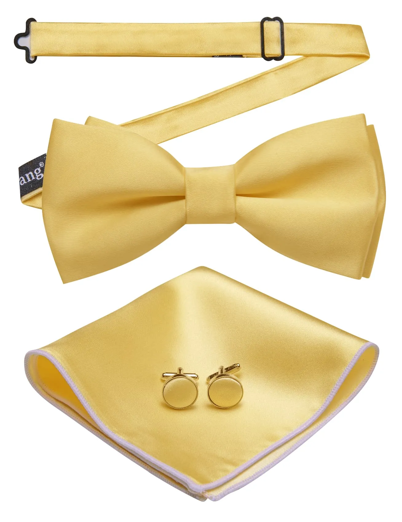 Barry. Wang Solid Yellow Bow Tie Adjustable Pre-Tied Bow Tie Pocket Square Cufflinks Set for Wedding Party sold by Barrywang product image thumbnail 3