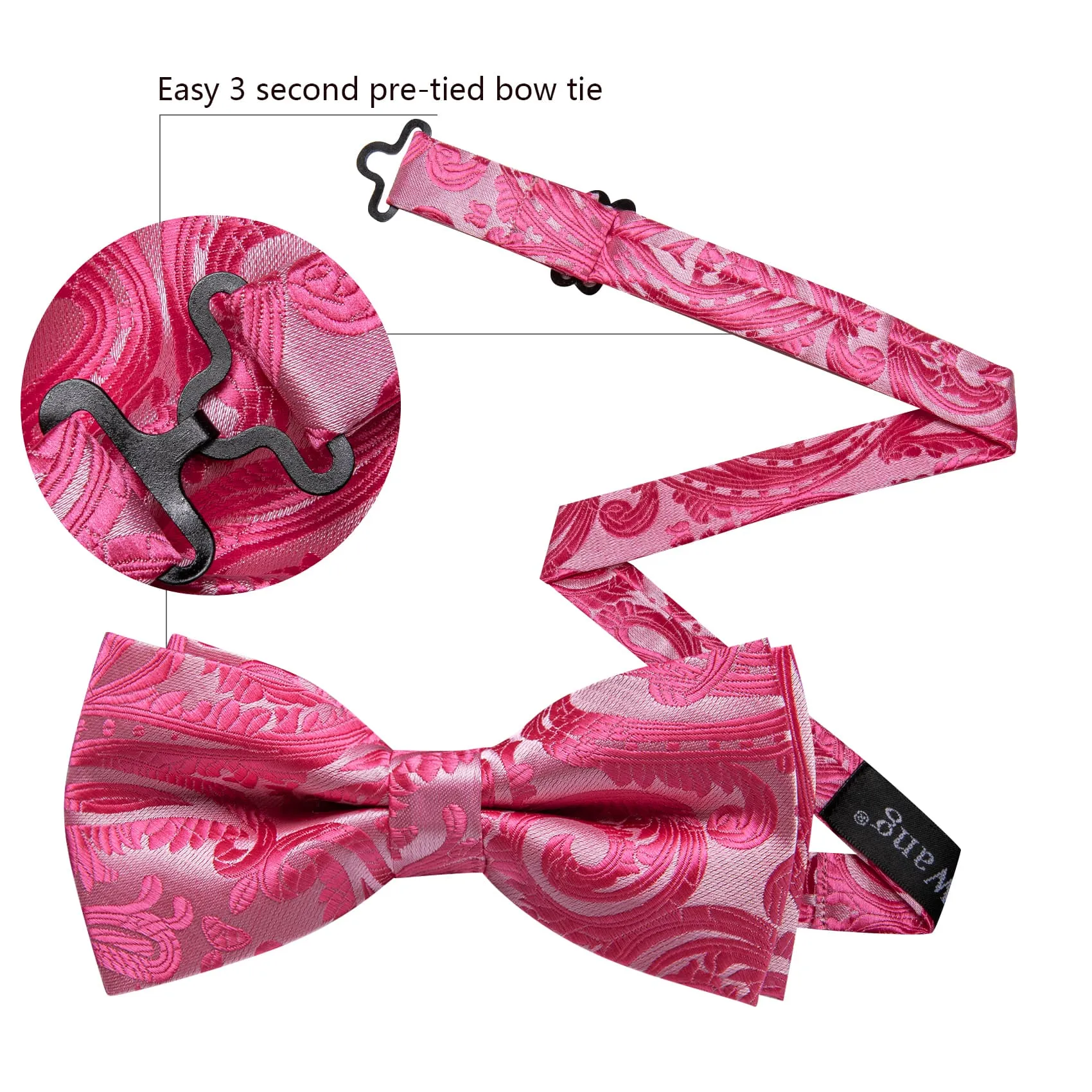 Barry. Wang Hot Pink Bowtie for Men Silk Pre-tied Paisley Tuxedo Bow Tie Pocket Square Cufflinks Set sold by Barrywang product image thumbnail 3