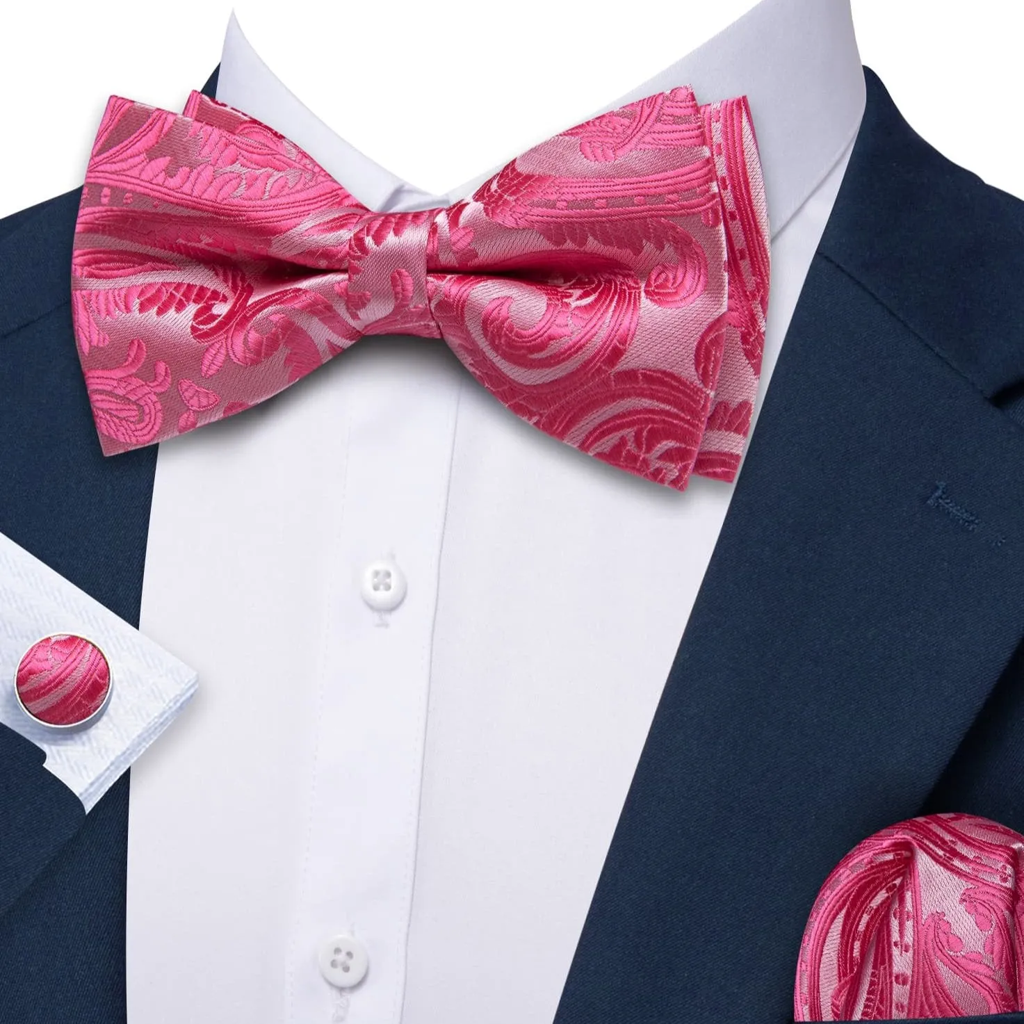 Barry. Wang Hot Pink Bowtie for Men Silk Pre-tied Paisley Tuxedo Bow Tie Pocket Square Cufflinks Set sold by Barrywang