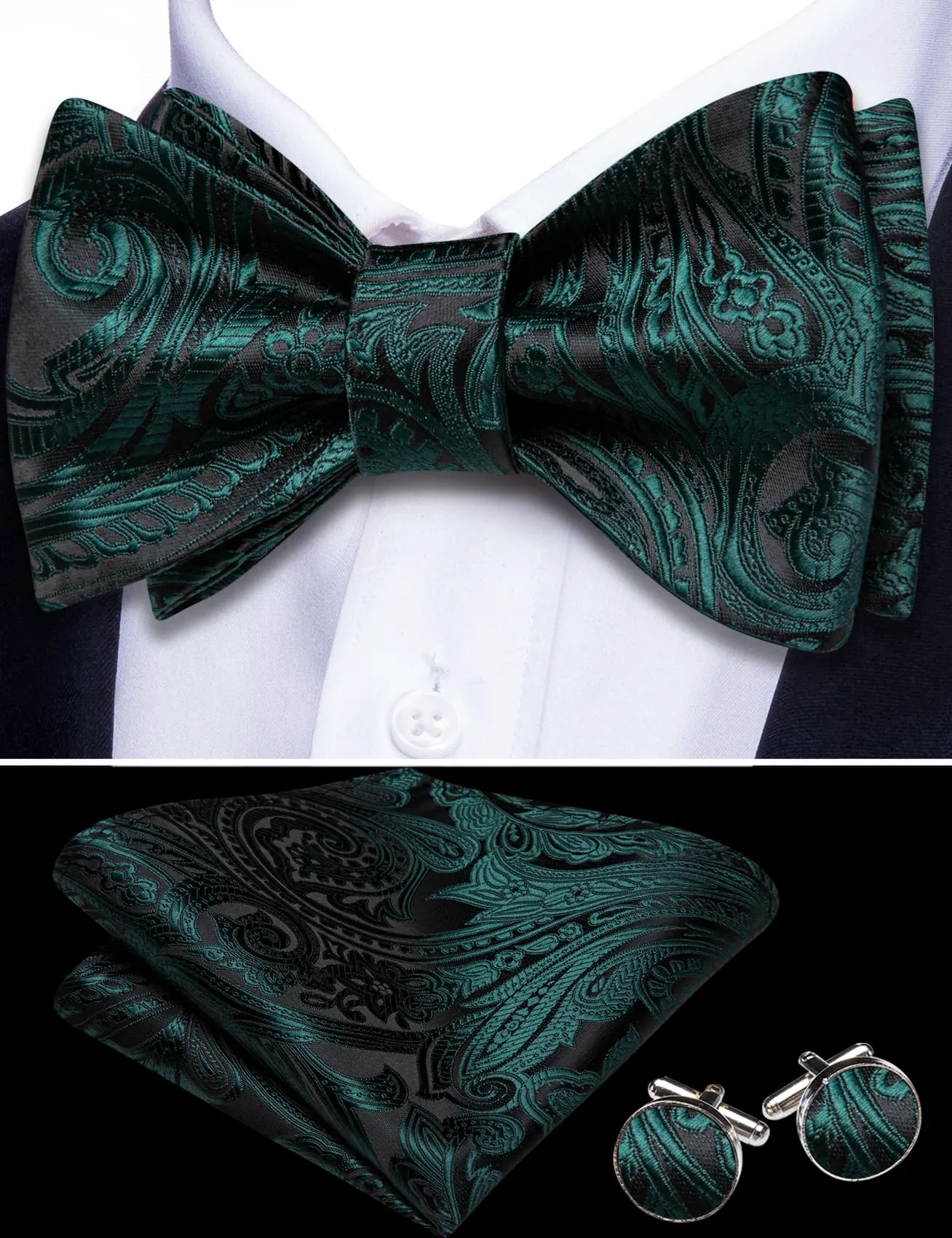 Barry. Wang Black Green Bow Tie for Men Jacquard Paisley Bowtie Pocket Square Cufflinks Set for Formal sold by Barrywang product image thumbnail 3