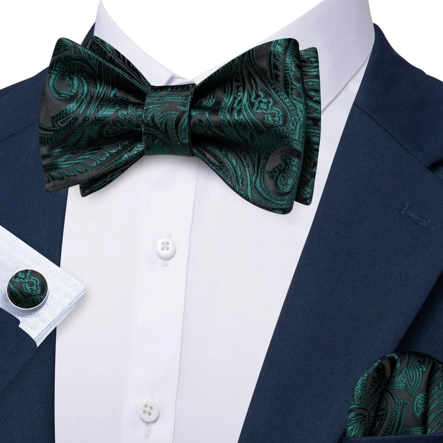 Barry. Wang Black Green Bow Tie for Men Jacquard Paisley Bowtie Pocket Square Cufflinks Set for Formal sold by Barrywang