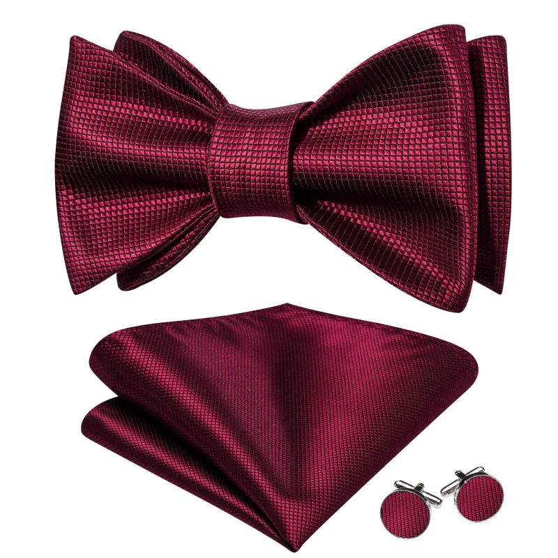 Barry. Wang Cranberry Bowtie Hanky Cufflinks Set Plaid Self-tied Formal Bow Tie Set for Wedding sold by Barrywang