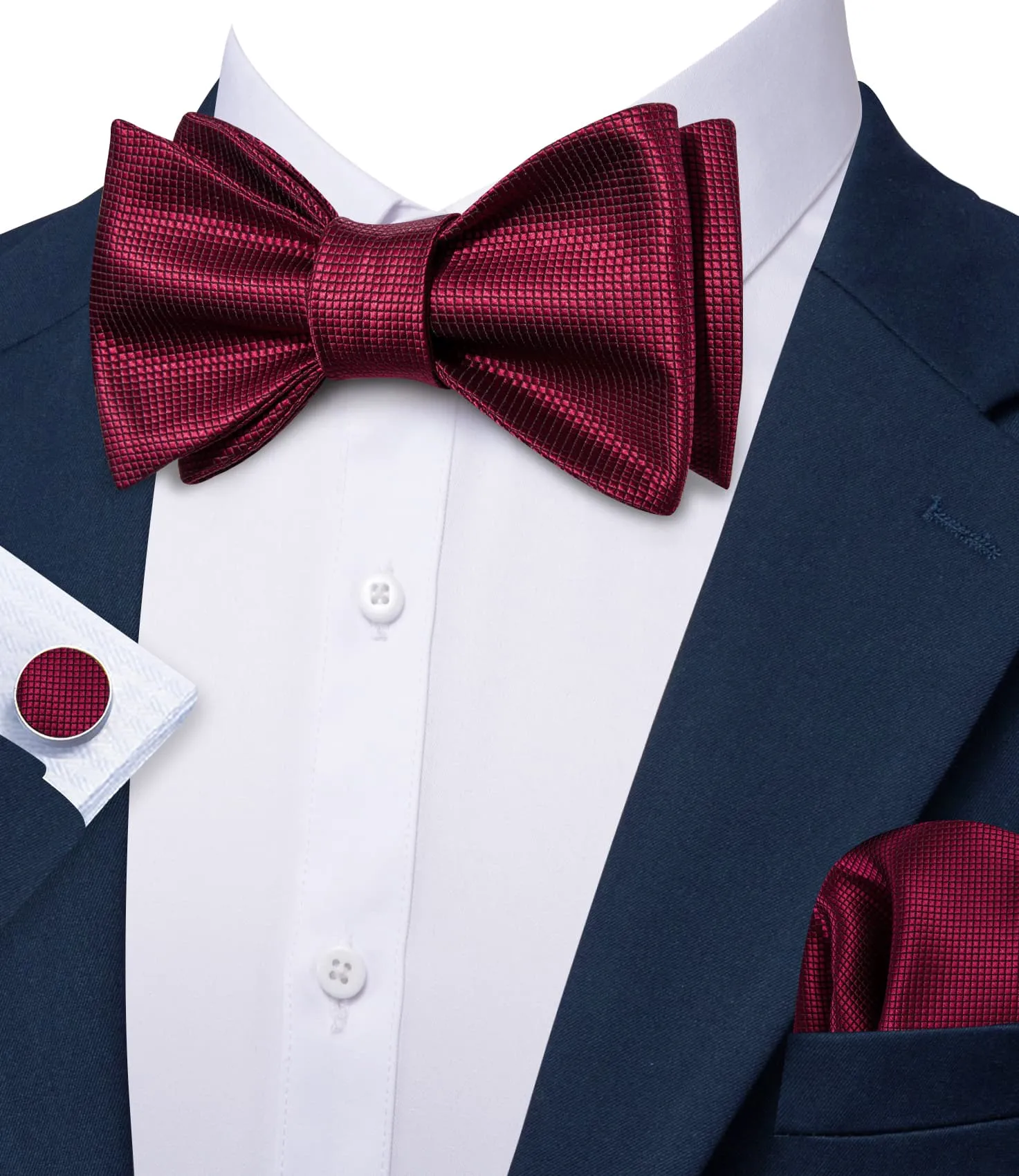 Barry. Wang Cranberry Bowtie Hanky Cufflinks Set Plaid Self-tied Formal Bow Tie Set for Wedding sold by Barrywang product image thumbnail 3