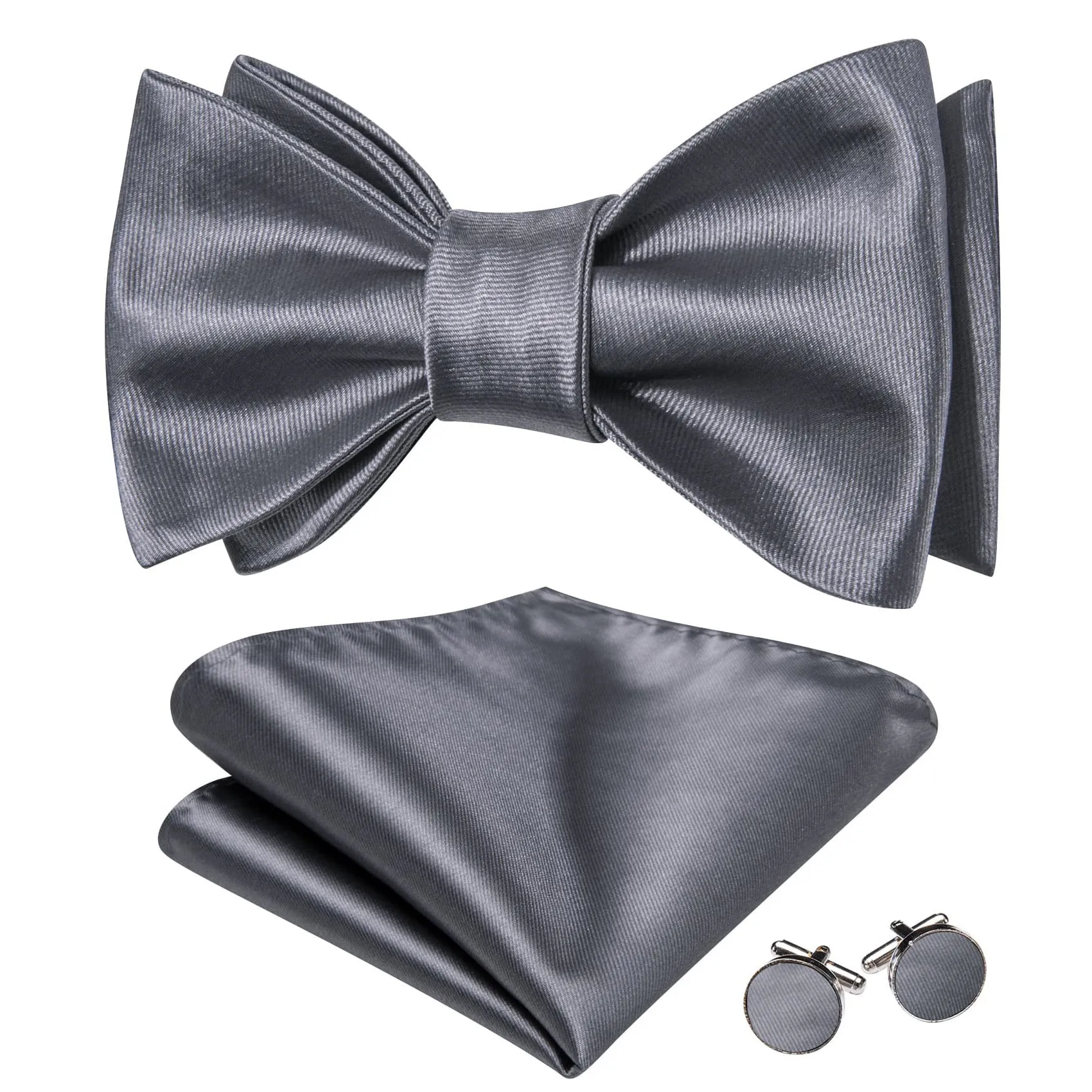 Barry. Wang Grey Solid Bowtie Self-tied Men's Tuxedo Bow Tie Pocket Square Cufflinks Set for Wedding Party sold by Barrywang product image thumbnail 2