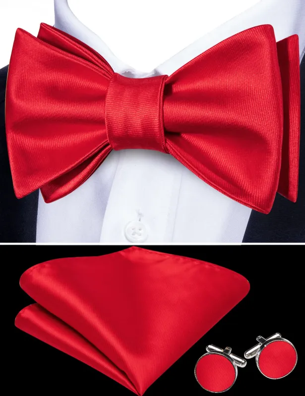 Barry. Wang Red Solid Bowtie Men's Jacquard Self-Tied Silk Tuxedo Bow Tie Pocket Square Cufflinks Set sold by Barrywang