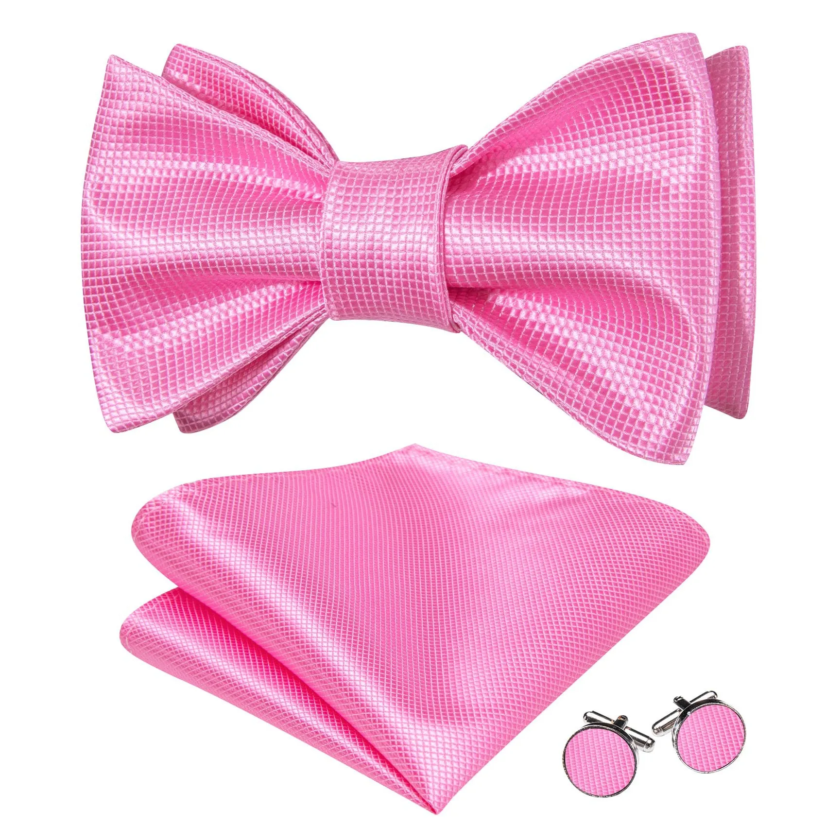 Barry. Wang Hot Pink Bowtie Pocket Square Cufflinks Set Plaid Self-tied Men's Tuxedo Formal Bow Tie sold by Barrywang product image thumbnail 2