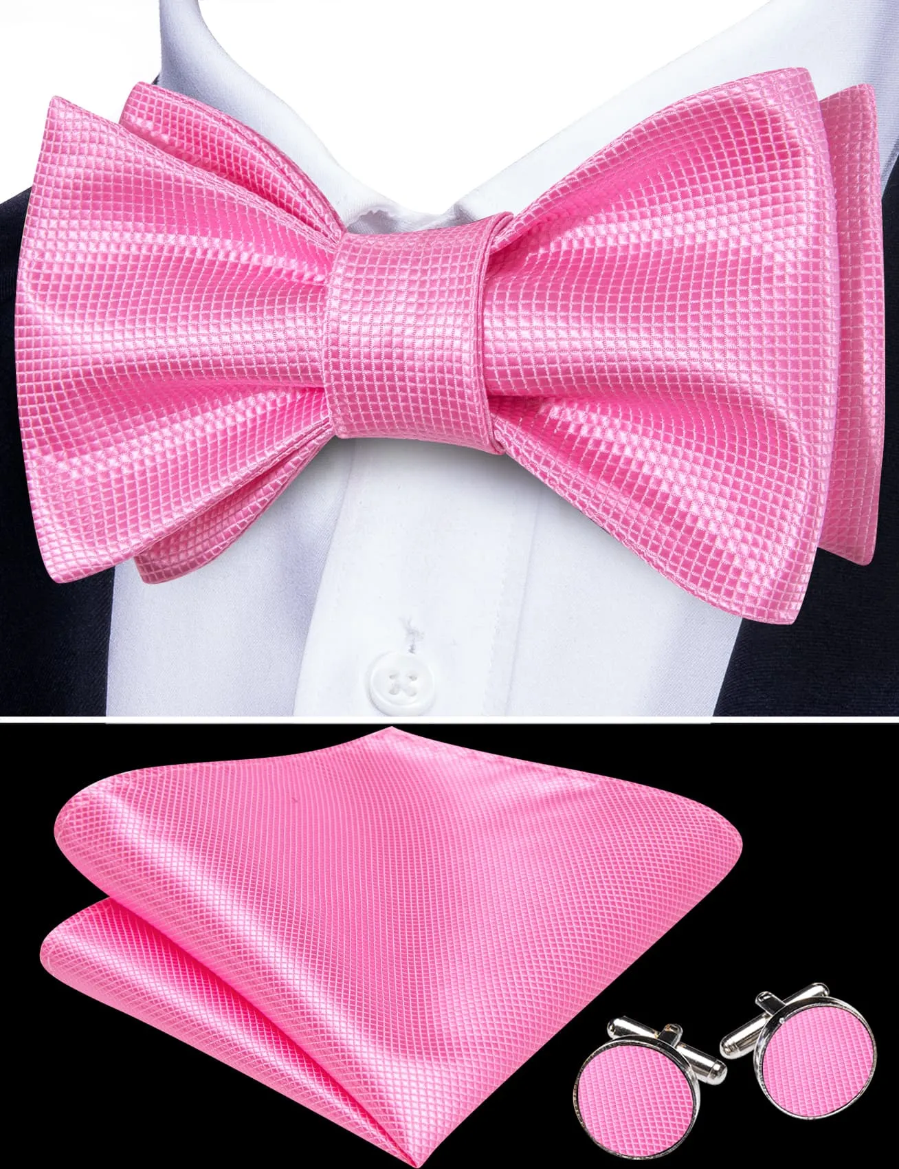 Barry. Wang Hot Pink Bowtie Pocket Square Cufflinks Set Plaid Self-tied Men's Tuxedo Formal Bow Tie sold by Barrywang