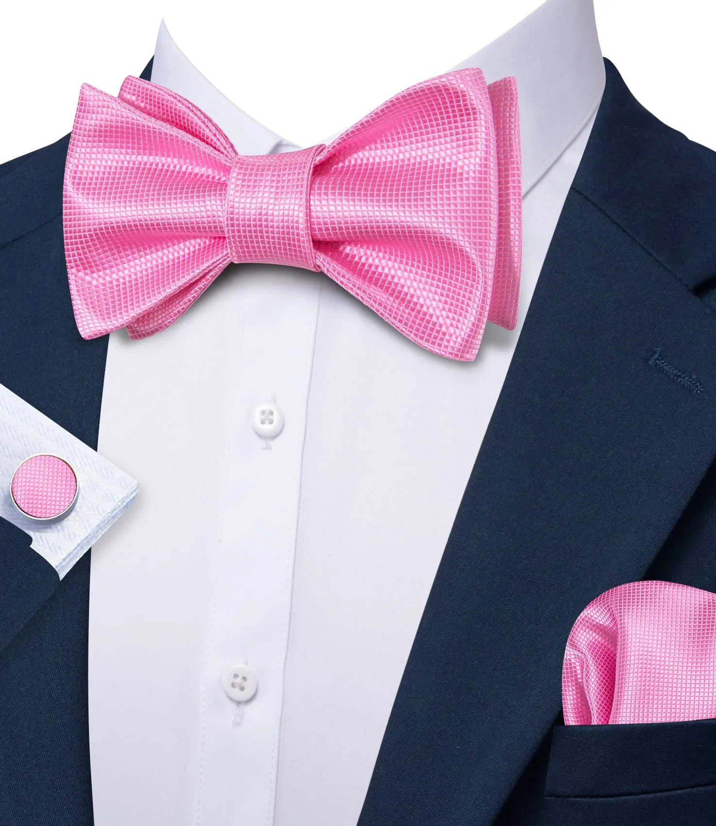 Barry. Wang Hot Pink Bowtie Pocket Square Cufflinks Set Plaid Self-tied Men's Tuxedo Formal Bow Tie sold by Barrywang product image thumbnail 4