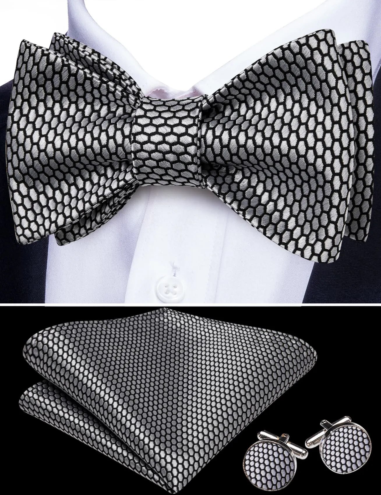 Barry. Wang Silver Geometric Bow Tie for Party Men's Self-tied Adjustable Jacquard Tuxedo Bowtie sold by Barrywang product image thumbnail 3