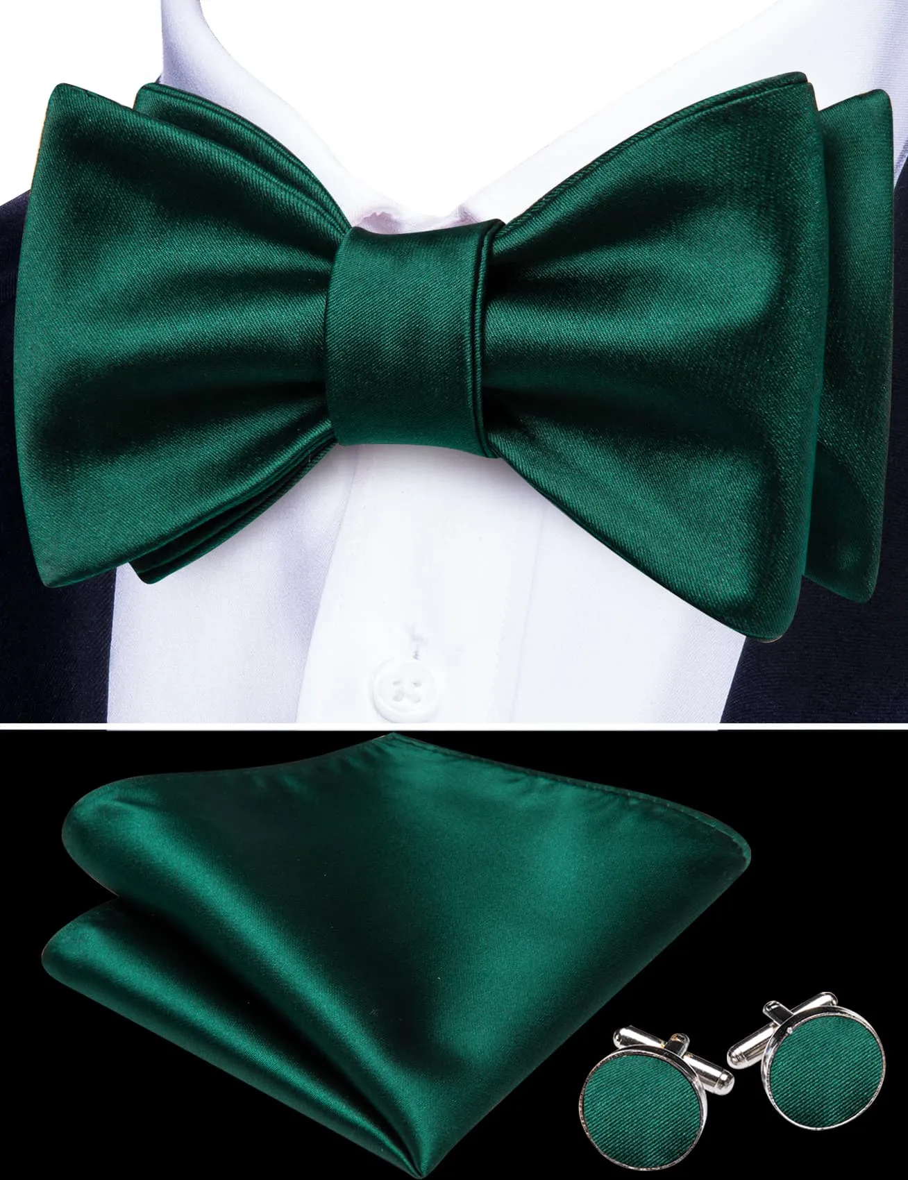Barry. Wang Hunter Green Bowtie Hanky Cufflinks Set for Men Silk Solid Self-tied Bowtie for Wedding sold by Barrywang