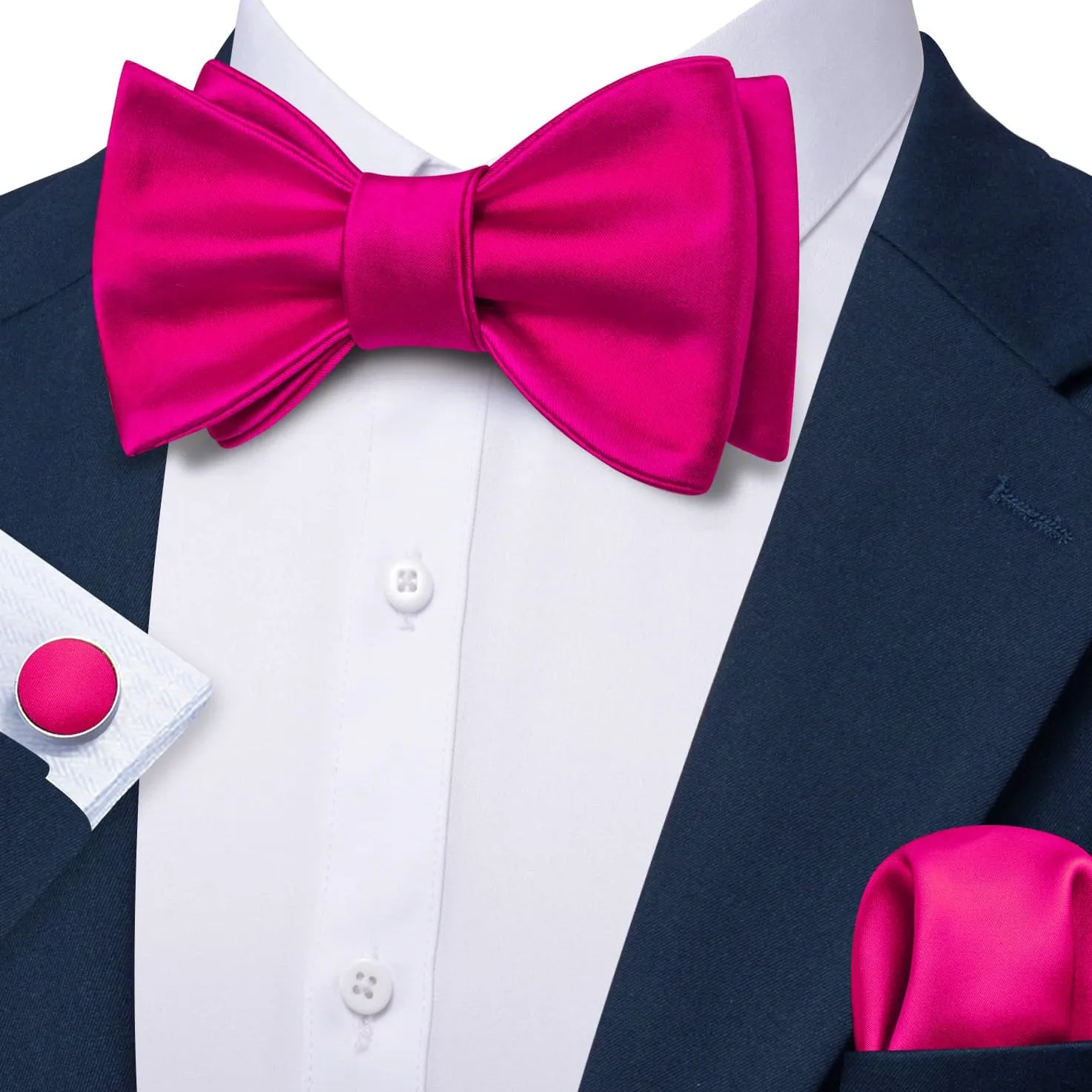 Barry. Wang Hot Pink Bowtie Self-Tied Solid Silk Bow Tie Pocket Square Cufflinks Set for Tuxedo sold by Barrywang product image thumbnail 3
