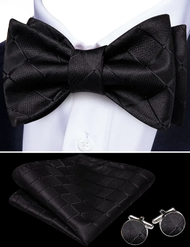 Barry. Wang Solid Black Bowtie for Wedding Plaid Self-Tied Jacquard Bow Tie Hanky Cufflinks Set sold by Barrywang