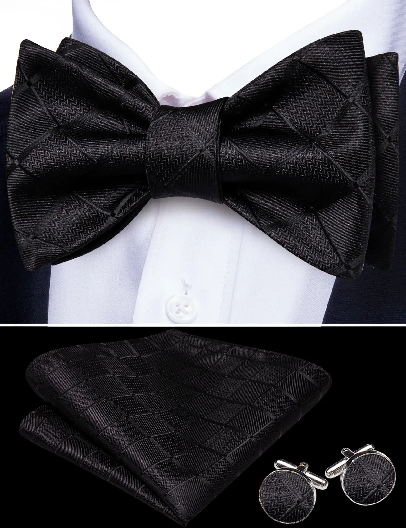 Barry. Wang Solid Black Bowtie for Wedding Plaid Self-Tied Jacquard Bow Tie Hanky Cufflinks Set sold by Barrywang