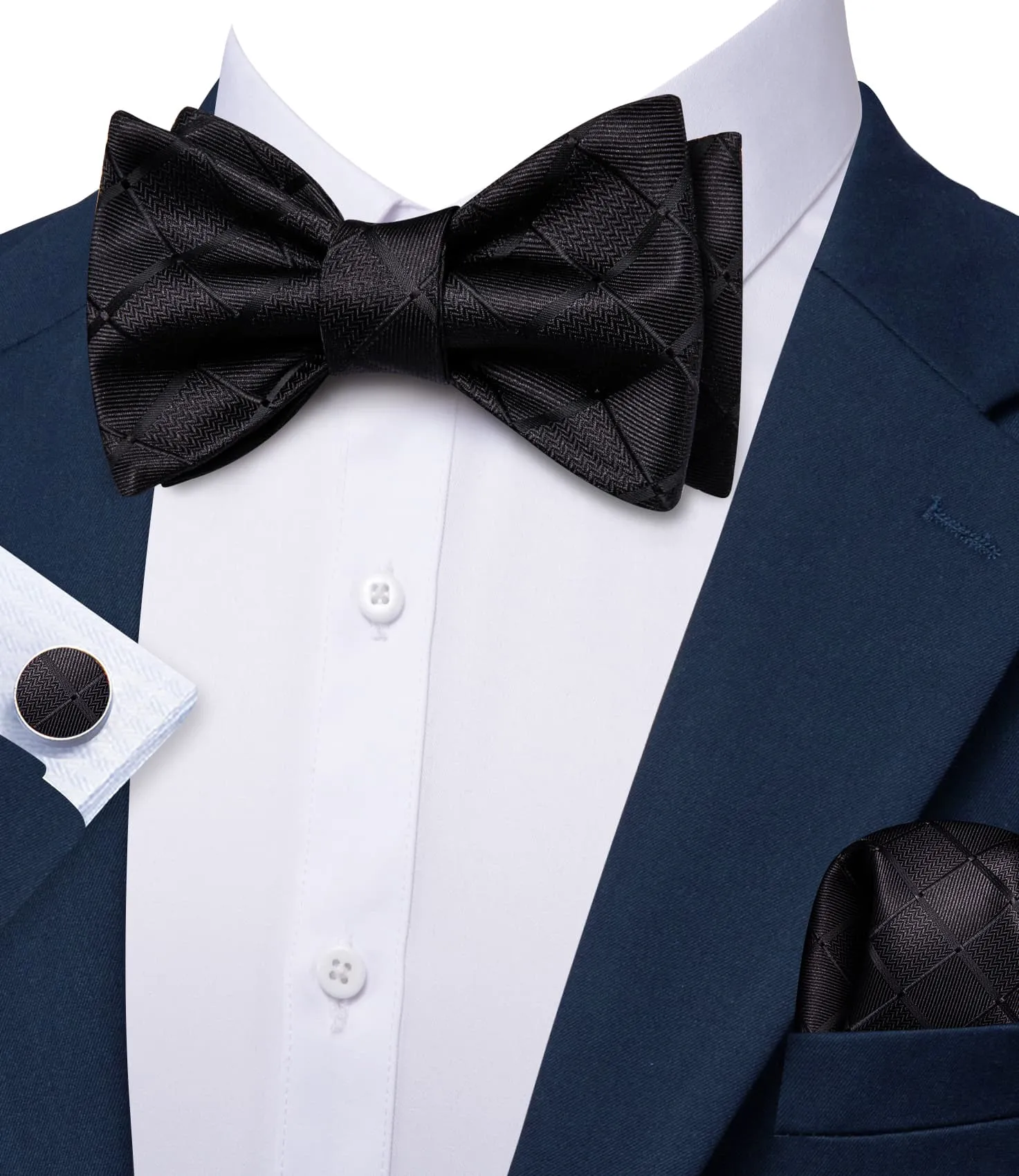 Barry. Wang Solid Black Bowtie for Wedding Plaid Self-Tied Jacquard Bow Tie Hanky Cufflinks Set sold by Barrywang product image thumbnail 3
