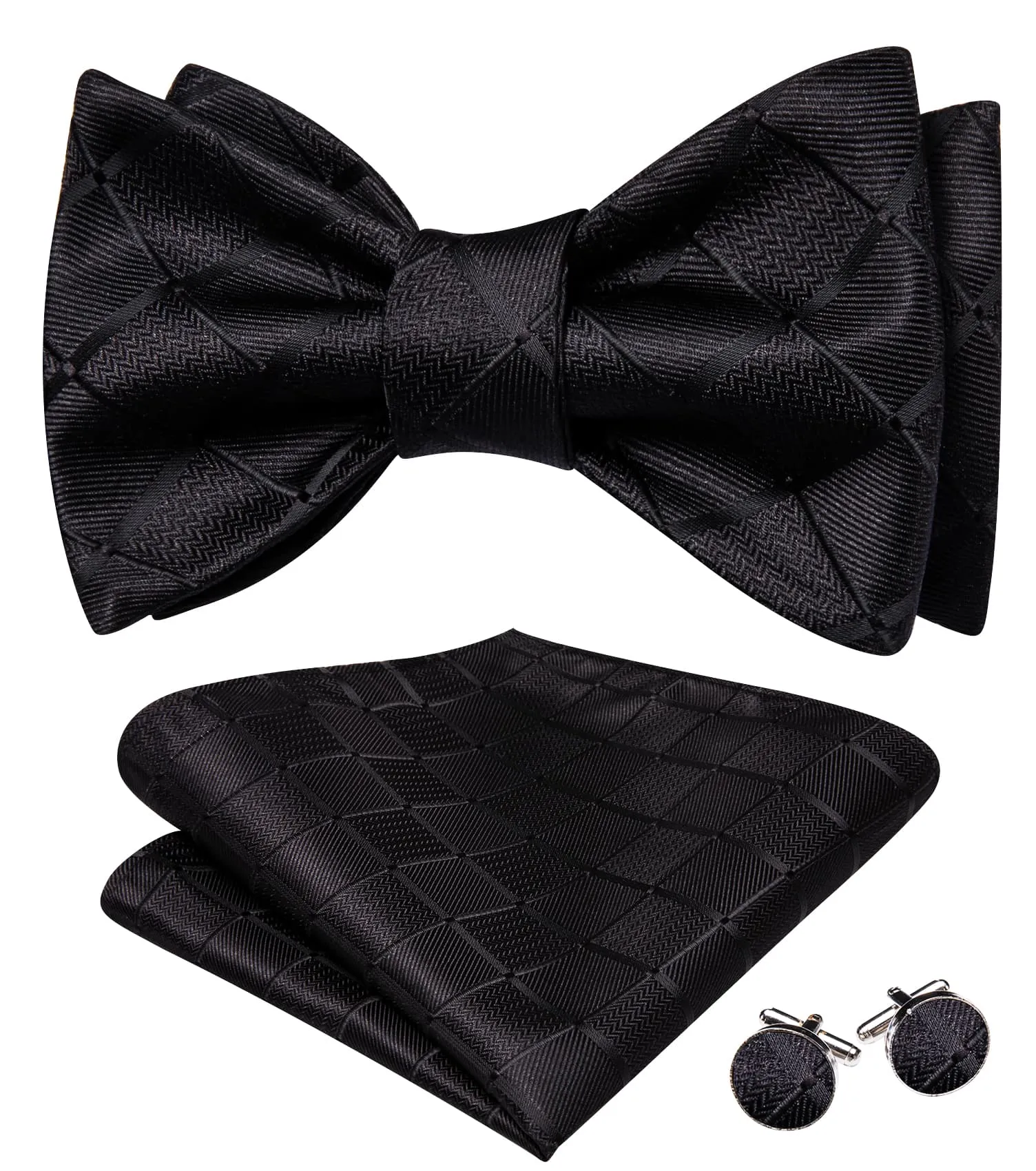 Barry. Wang Solid Black Bowtie for Wedding Plaid Self-Tied Jacquard Bow Tie Hanky Cufflinks Set sold by Barrywang product image thumbnail 2